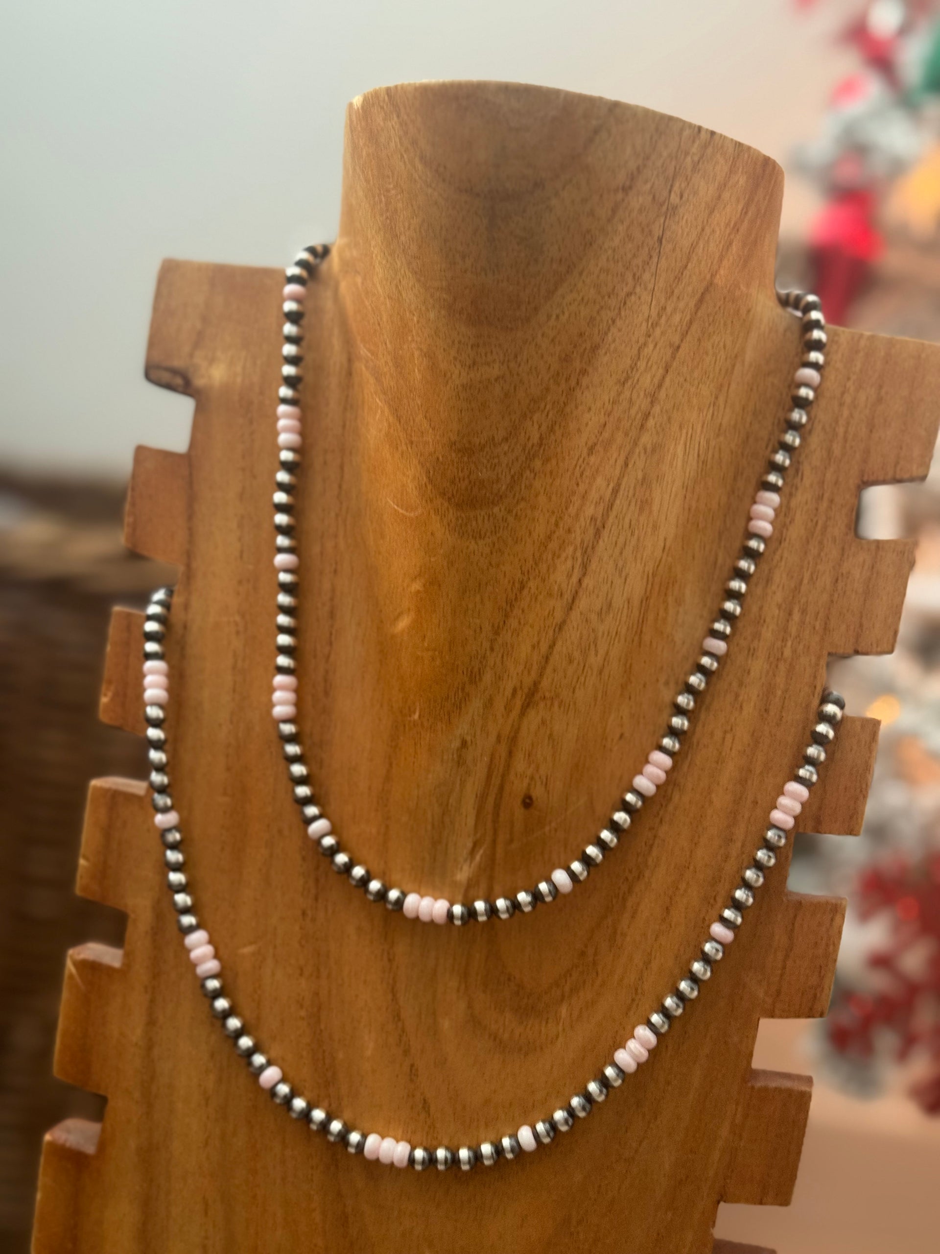 Navajo Strung Pink Conch & Sterling Silver Pearl Necklace