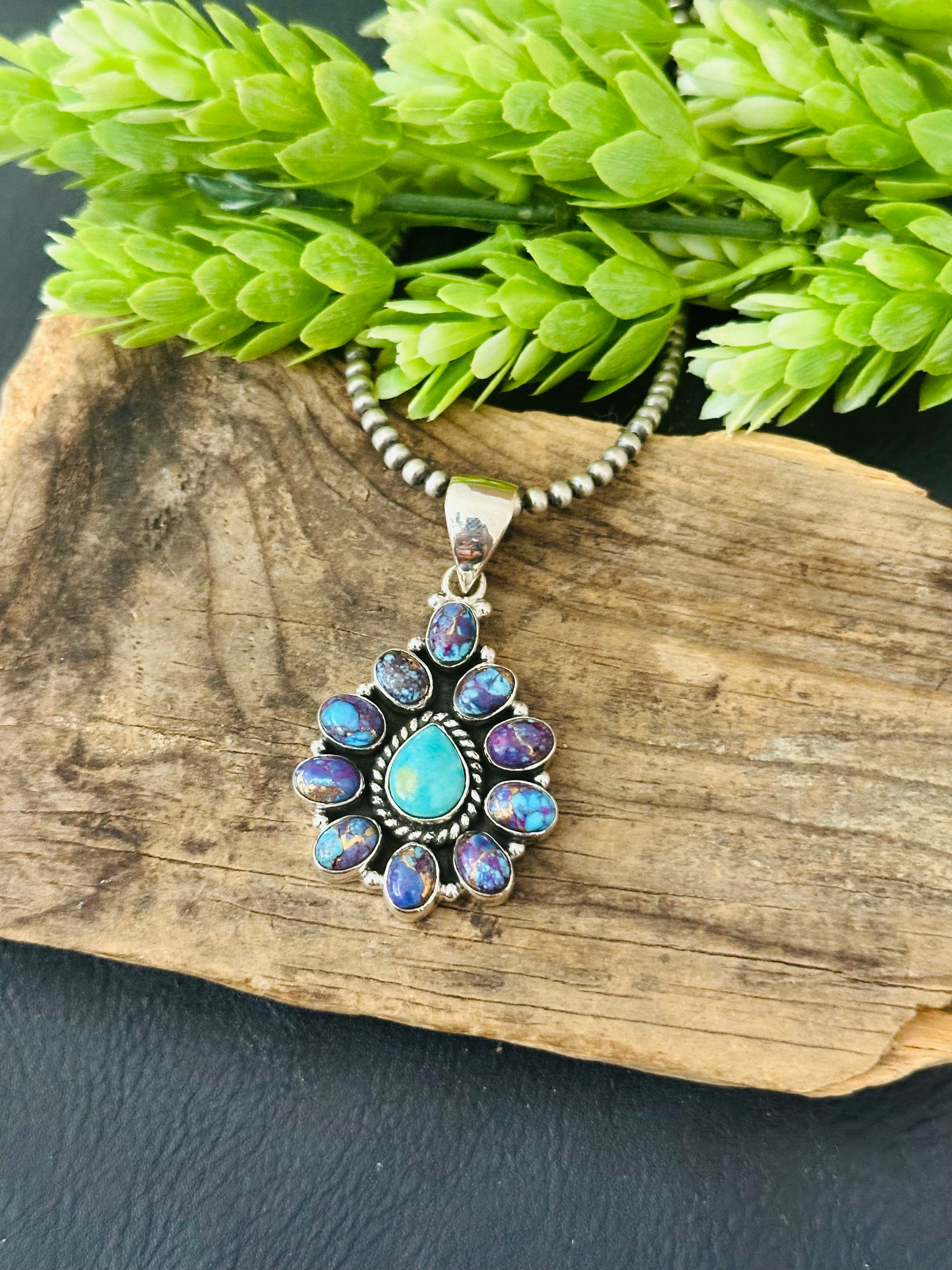 Southwest Handmade Multi Stone & Sterling Silver Cluster Pendant