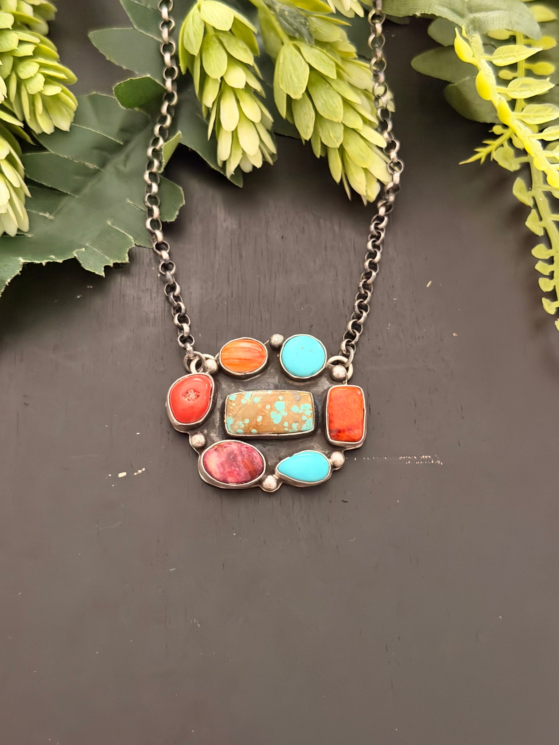Navajo Made Multi Stone & Sterling Silver Cluster Necklace