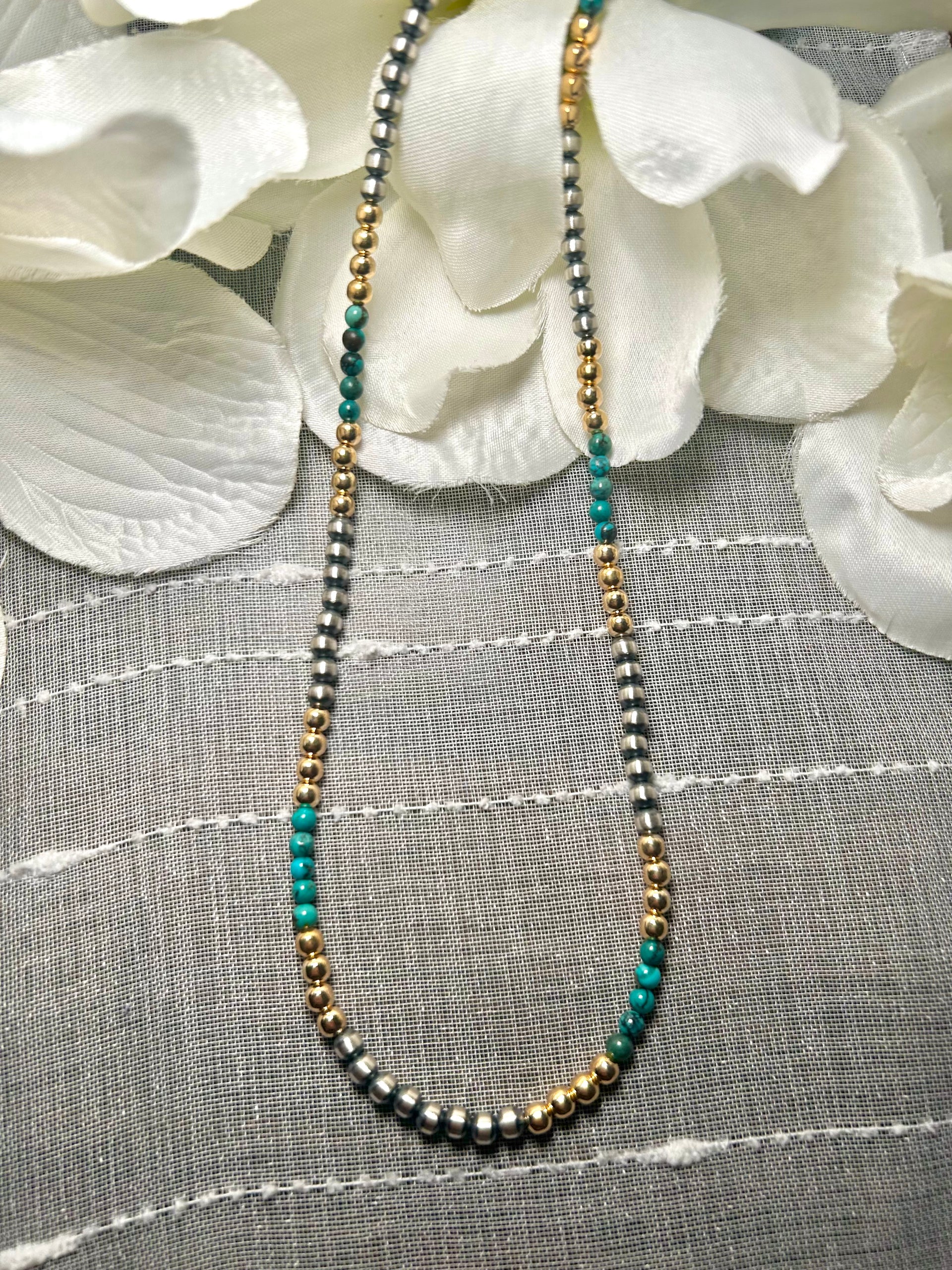 Navajo Made Strung 14K Gold Plate Hubei Turquoise & Sterling Silver Necklace
