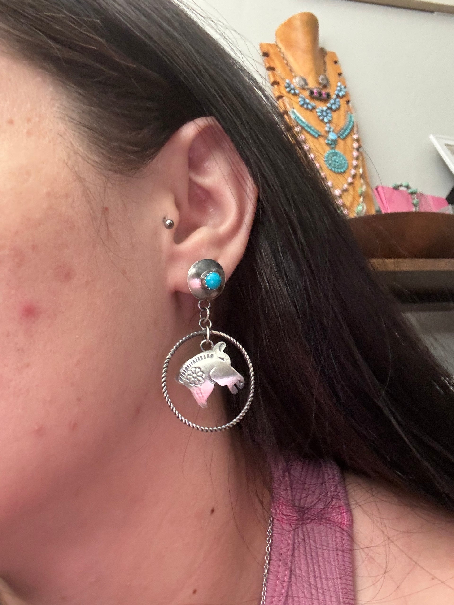 Tim Yazzie Kingman Turquoise & Sterling Silver Post Dangle Concho Earrings