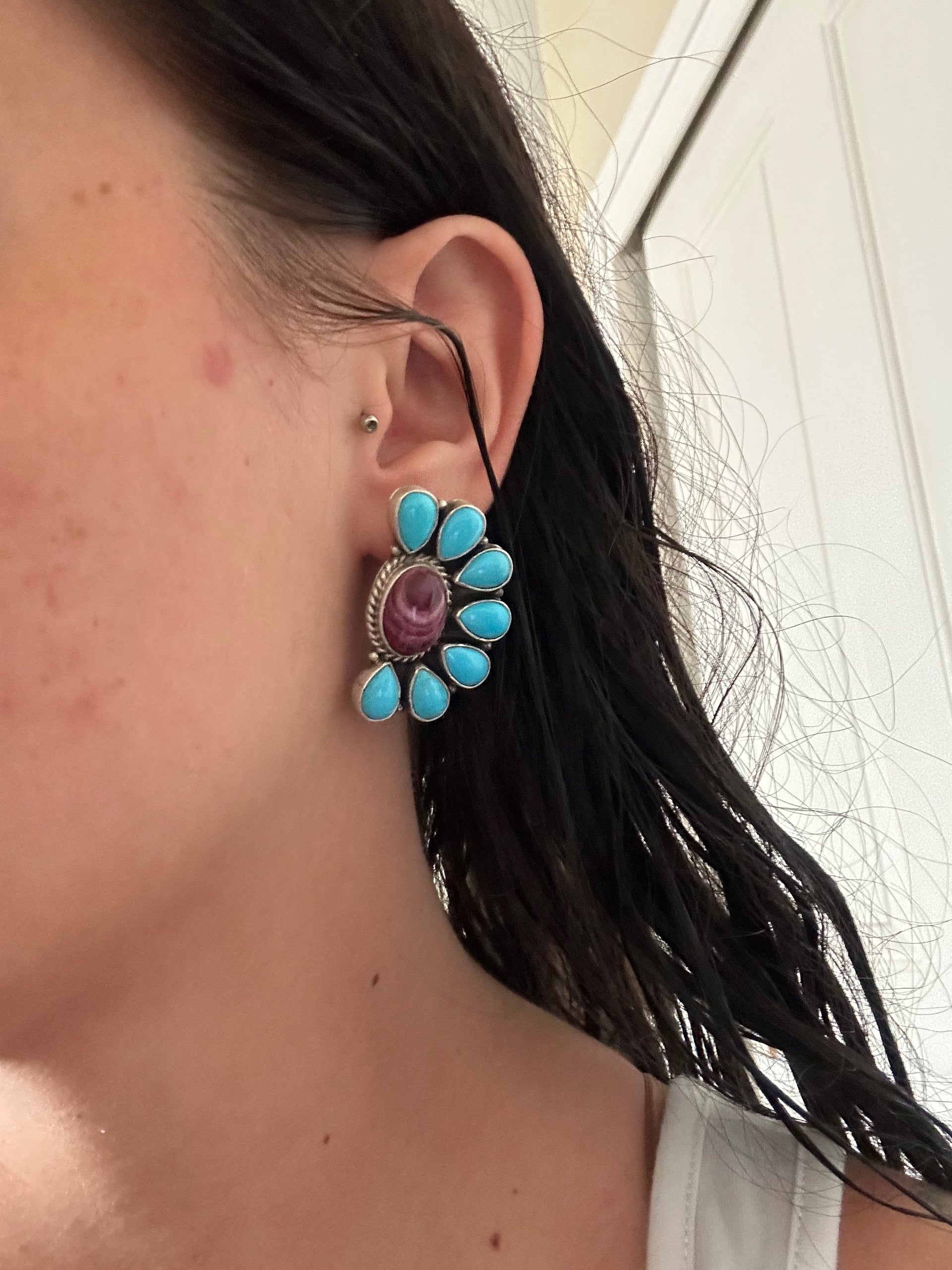 Belinda Begay Multi Stone & Sterling Silver Post Dangle Cluster Earrings