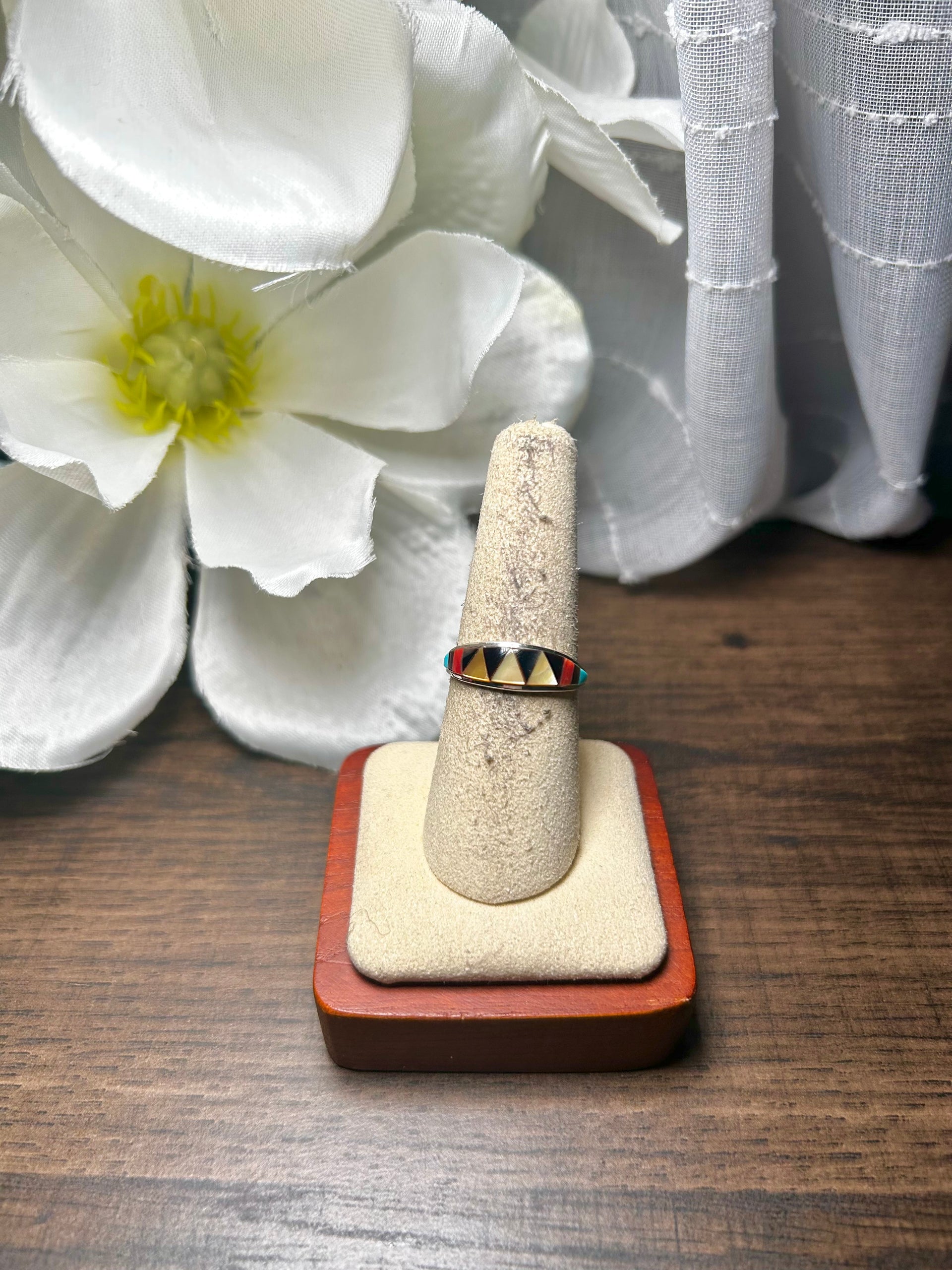 Zuni Made Multi Stone & Sterling Silver Ring Size 7.75