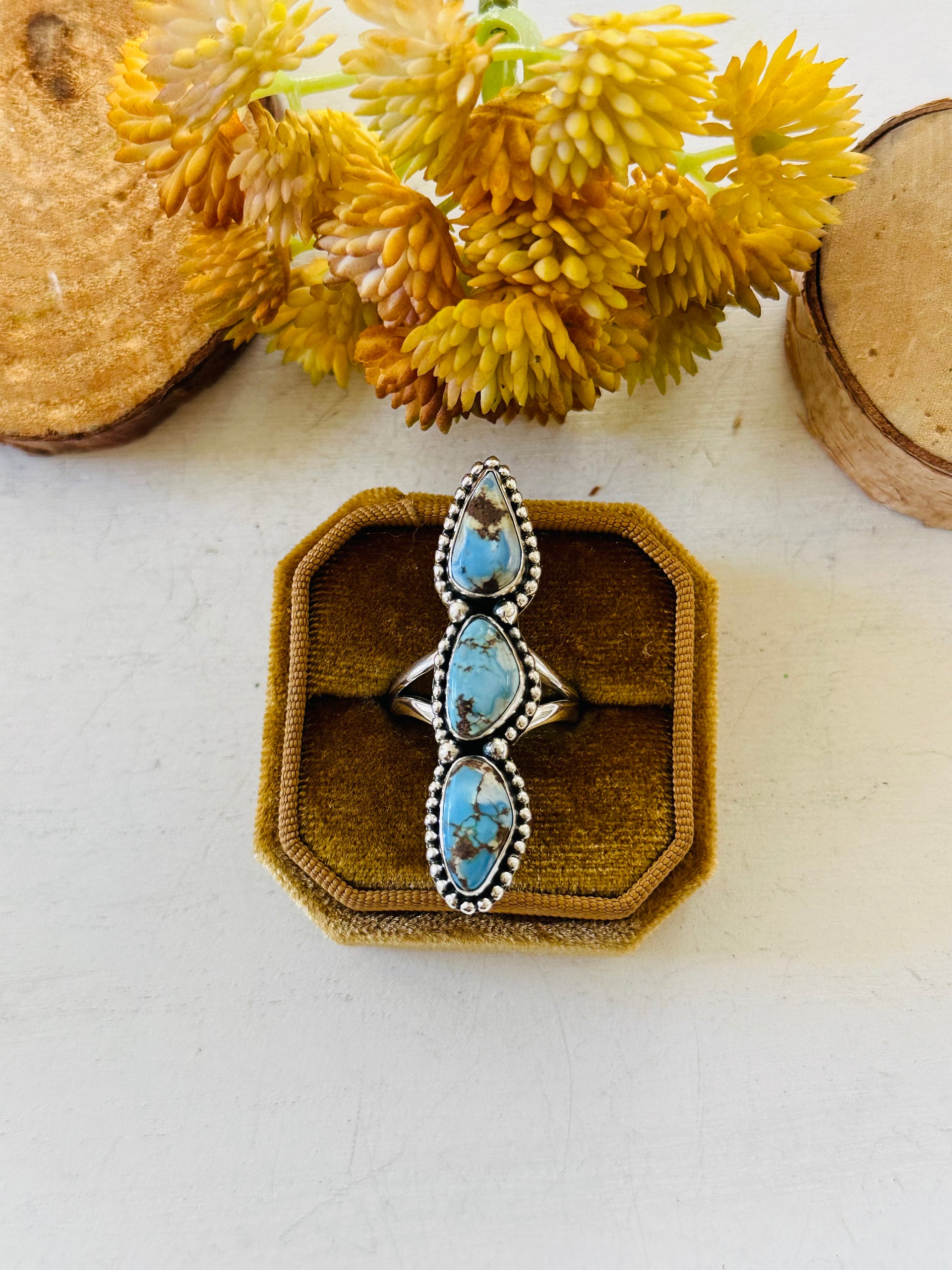 Southwest Handmade Golden Hills Turquoise & Sterling Silver Ring Size 8