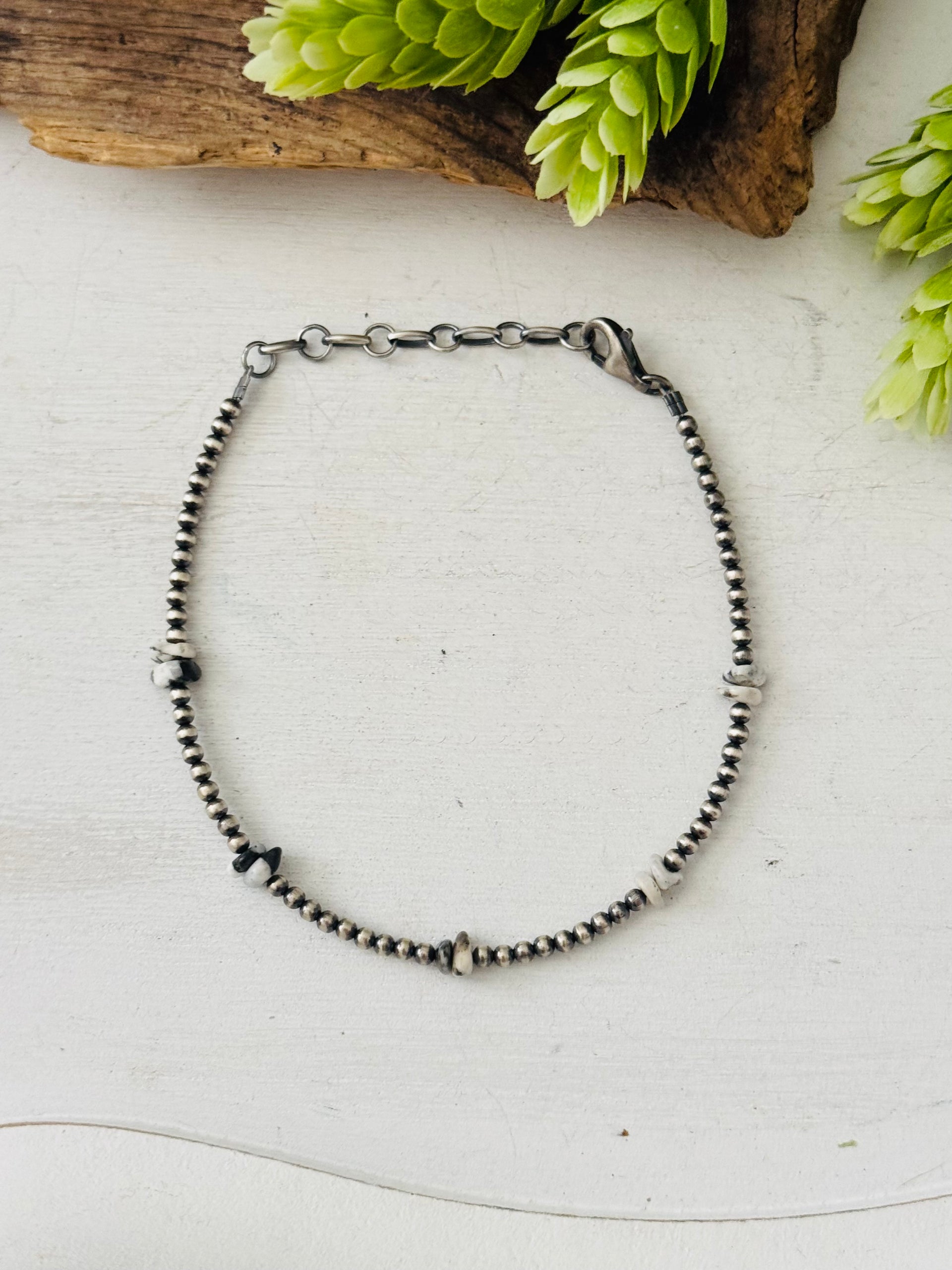 Navajo Made White Buffalo & Sterling Silver Strung Anklet