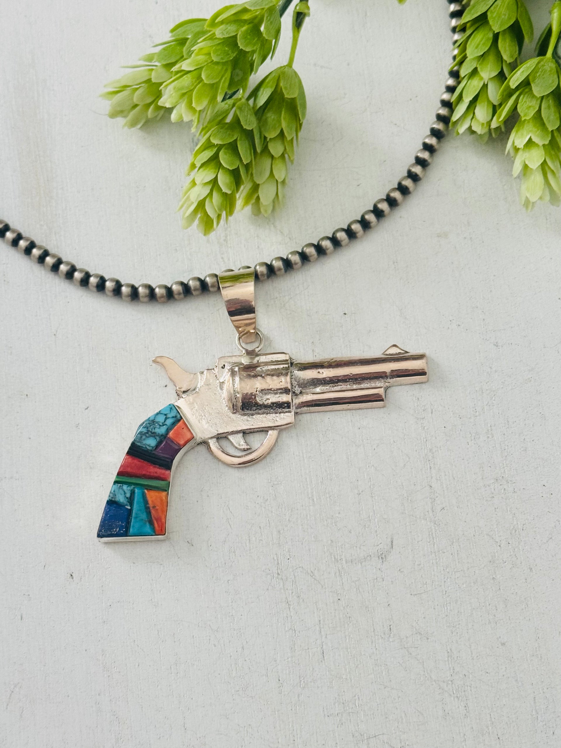 Bobby Mannelito Multi Stone & Sterling Silver Pistol Pendant