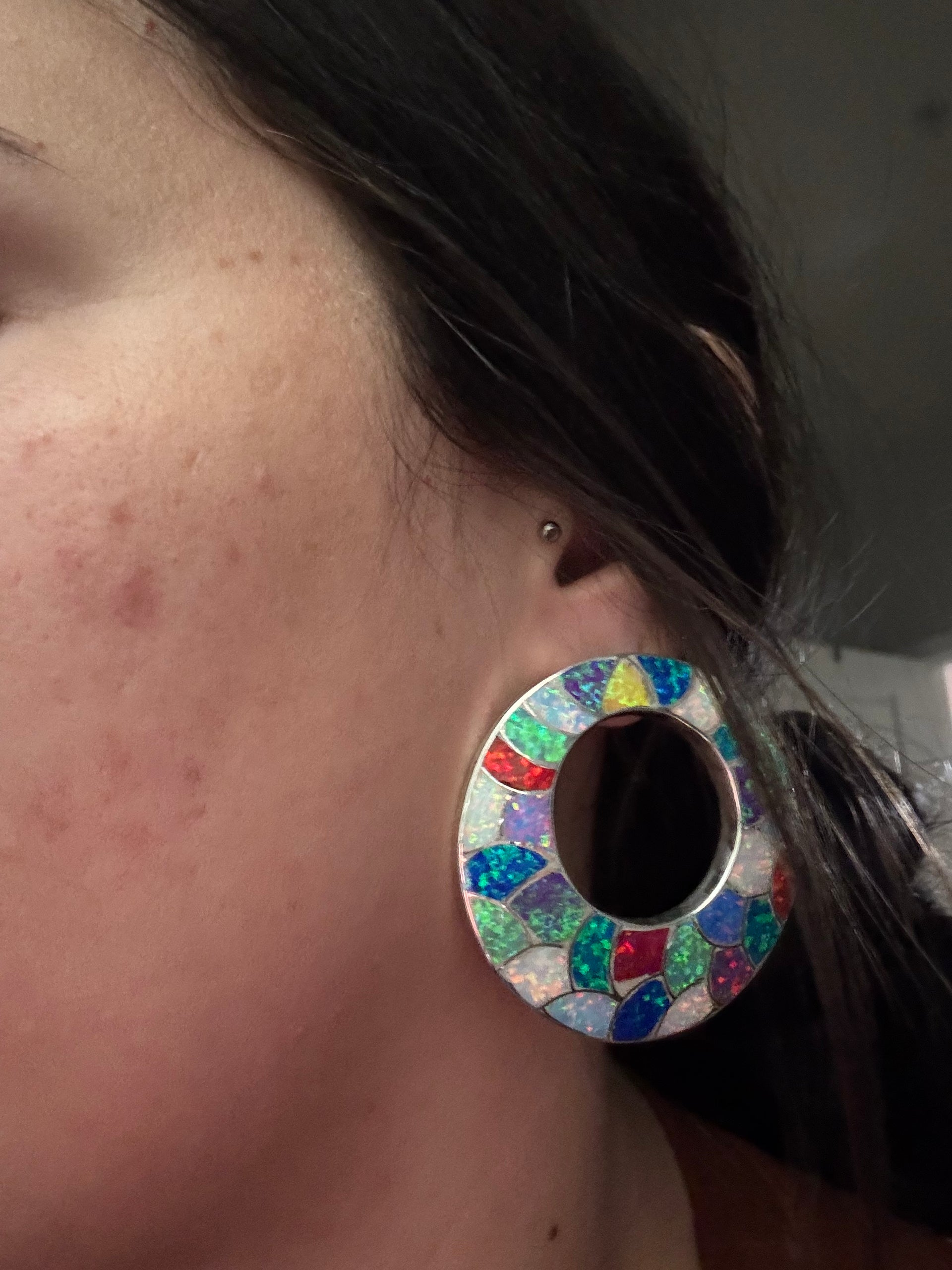 Carmichael Haloo Opal(Man-Made) & Sterling Silver Post Dangle Hoop Inlay Earrings