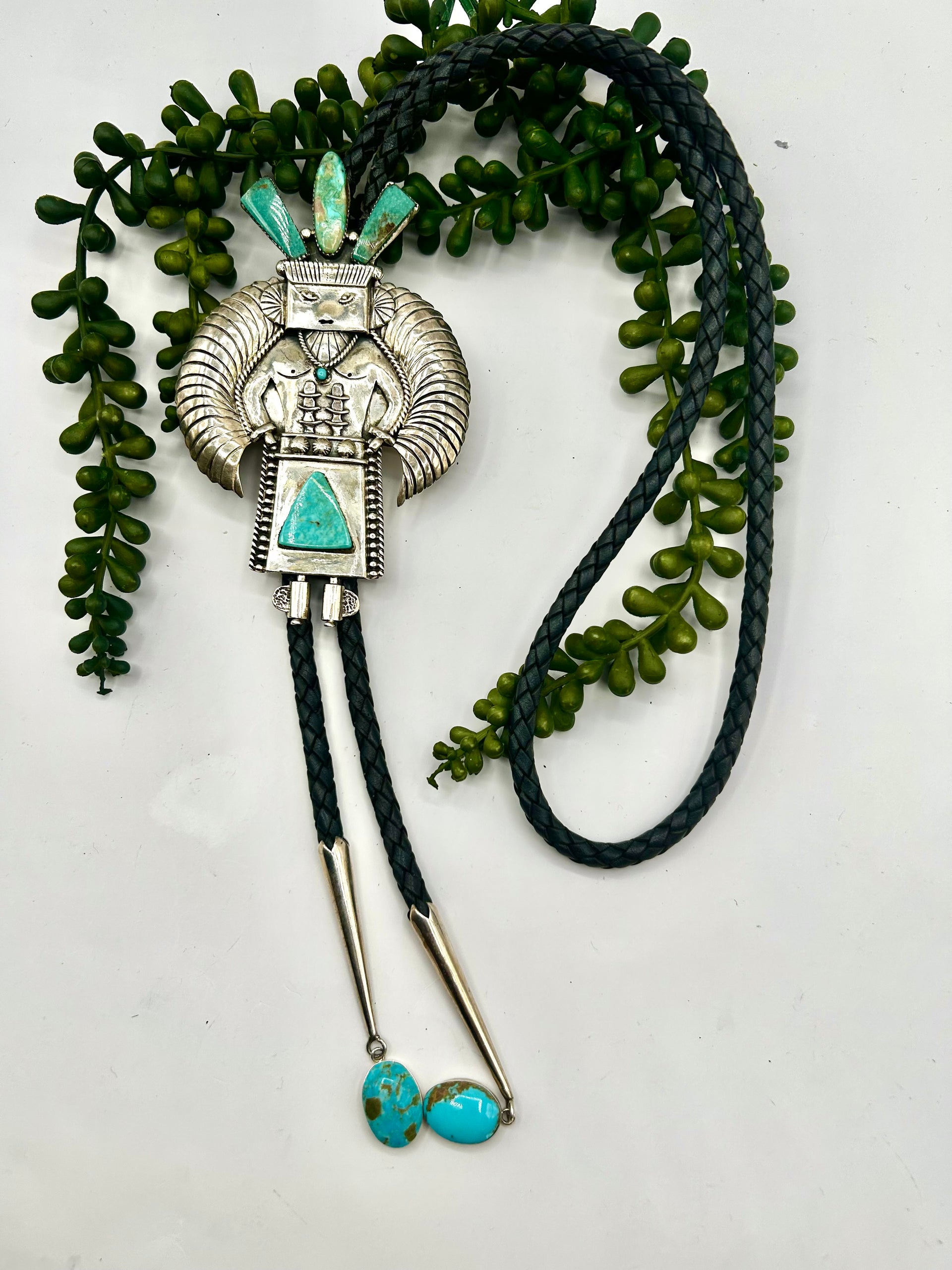 Old Pawn Navajo Made Kingman Turquoise & Sterling Silver Bolo Tie