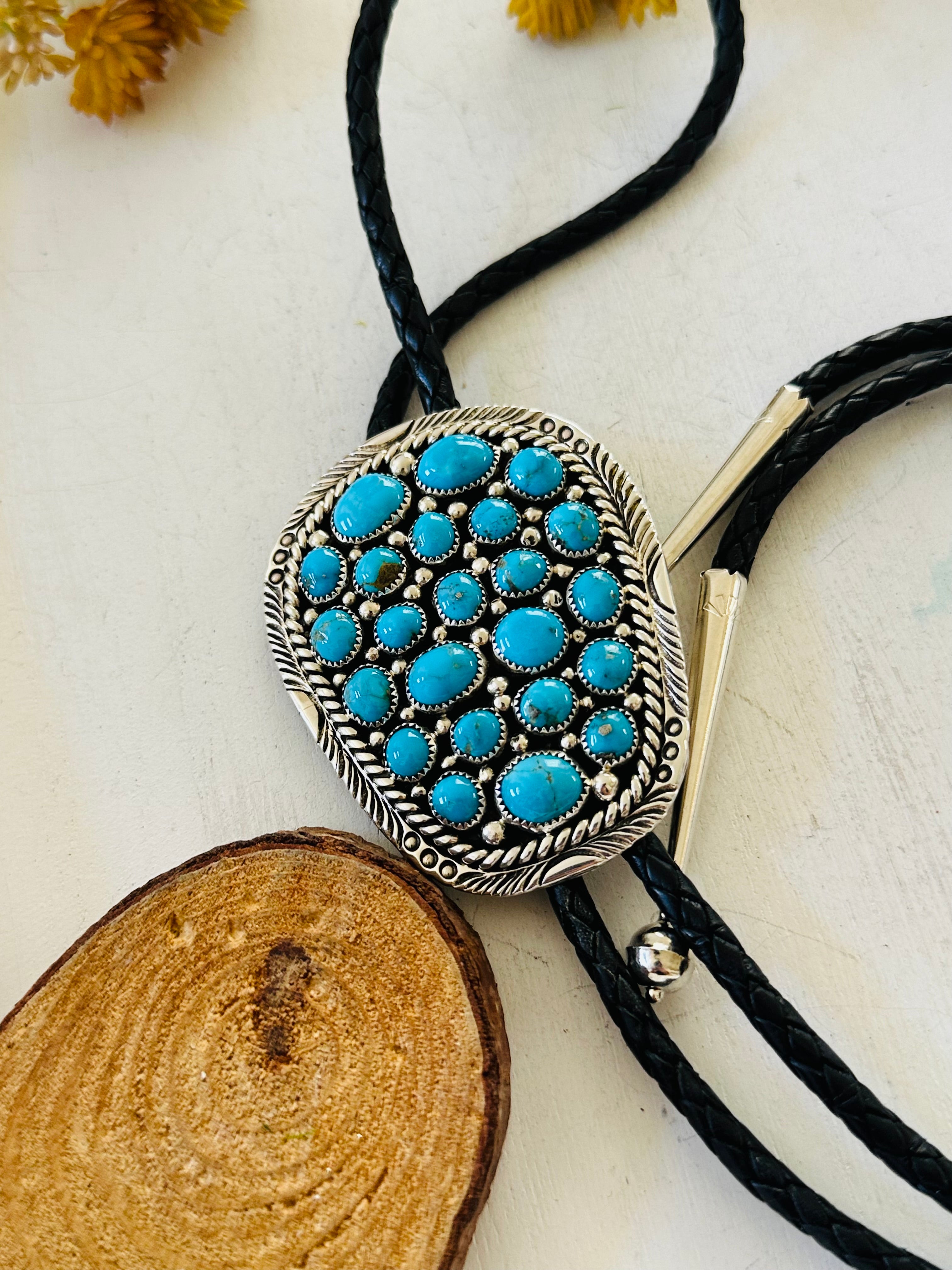 Navajo Made Kingman Turquoise & Sterling Silver Cluster Bolo Tie