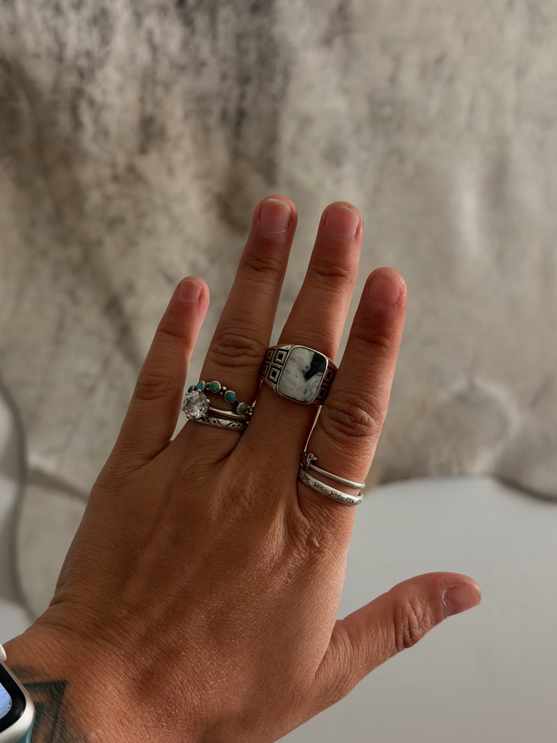 Navajo Made White Buffalo & Sterling Silver Cast Ring Size 8.75