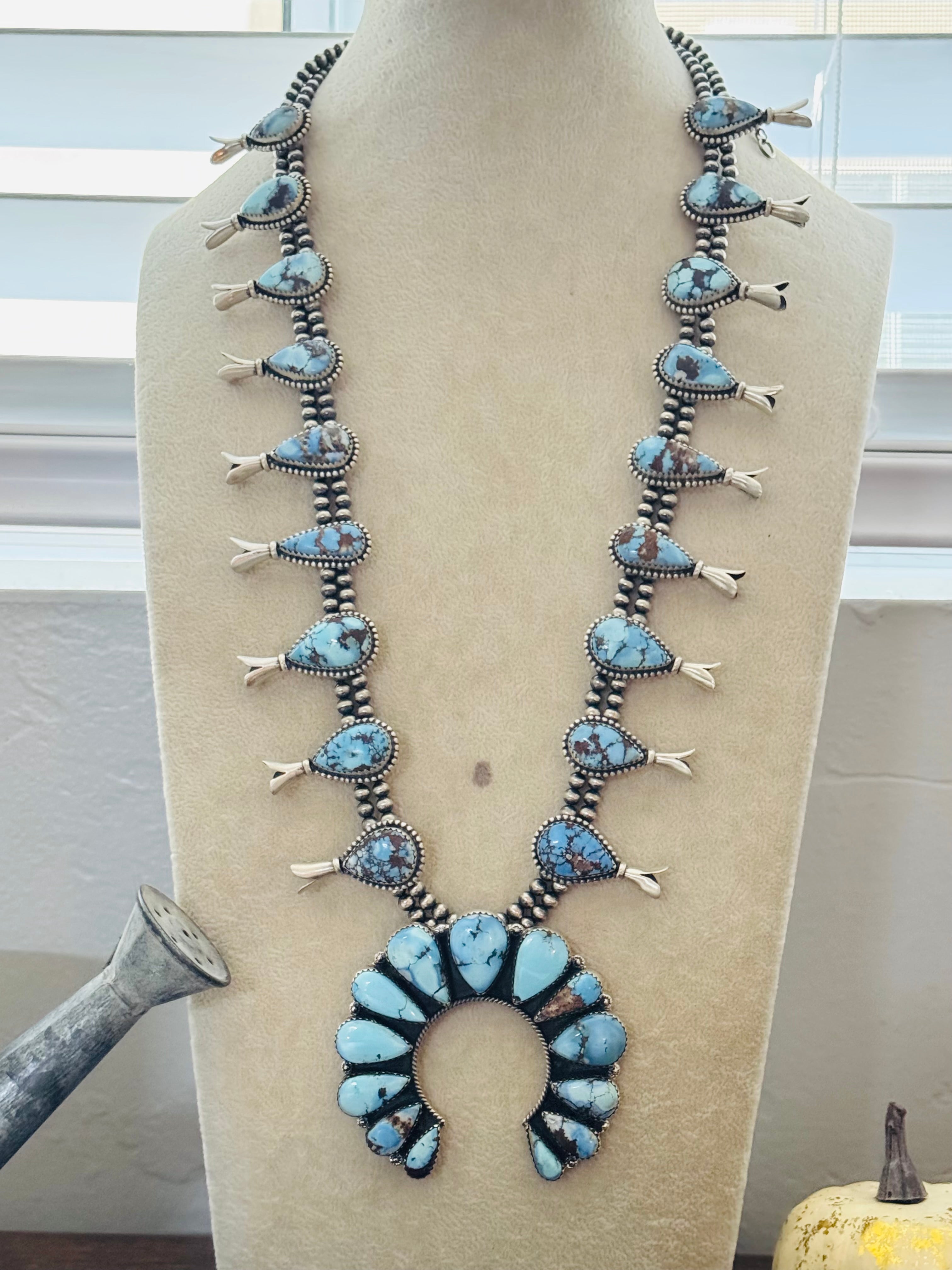 Southwest Golden Hills Turquoise & Sterling Silver Squash Blossom Necklace Set