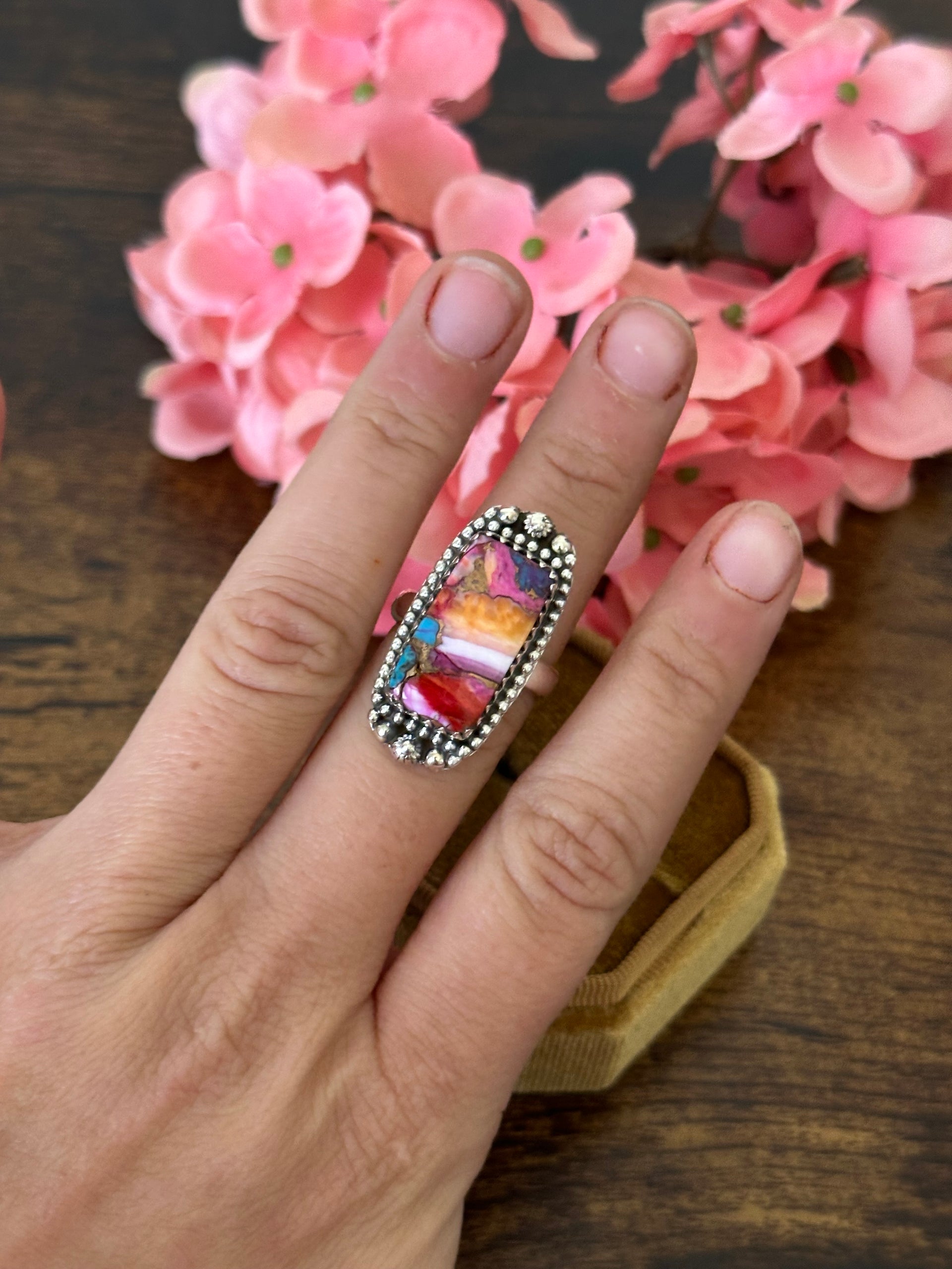 Southwest Handmade Pink Mohave Turquoise & Sterling Silver Ring Size 6.75