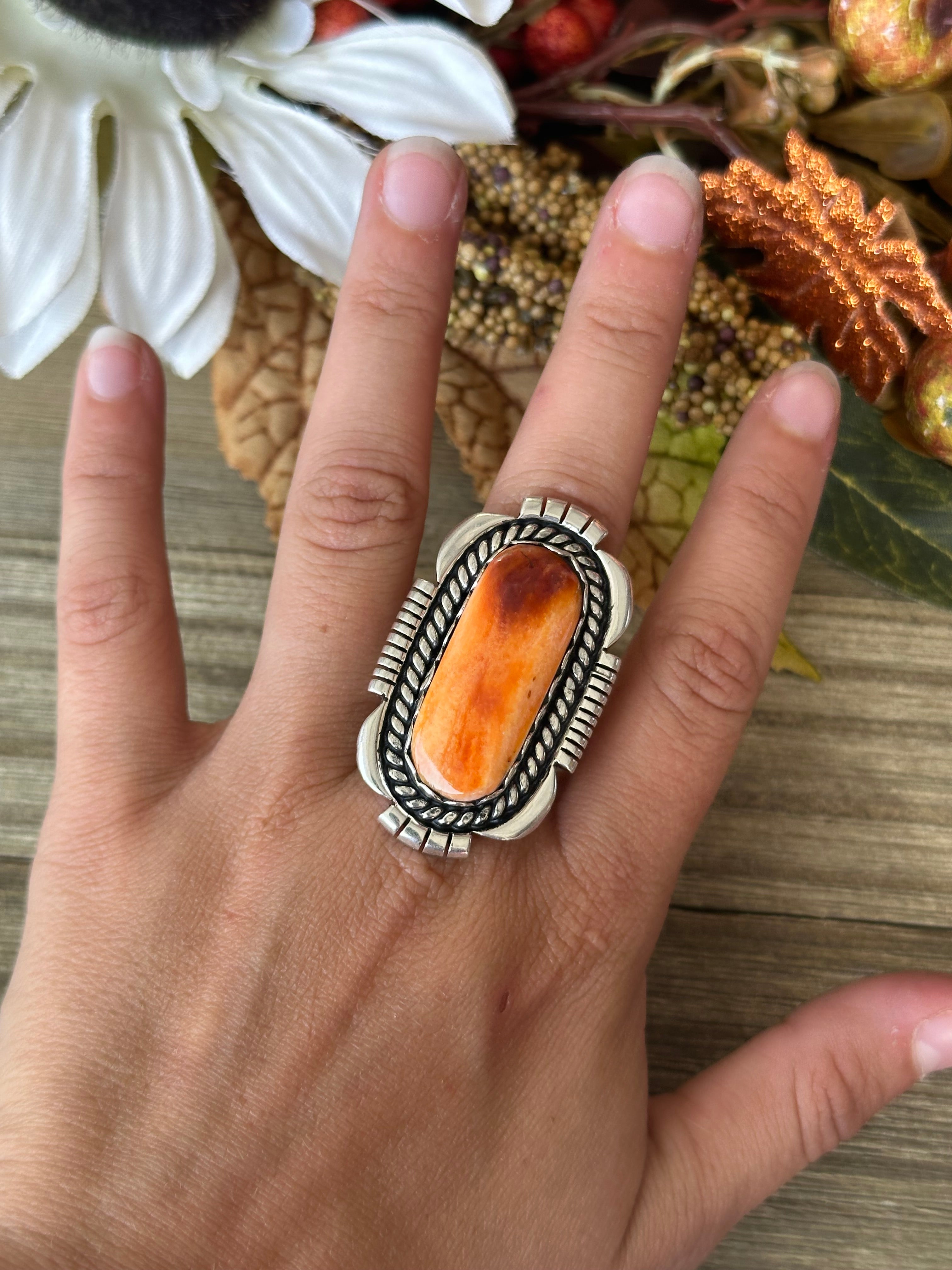 Navajo Handmade Spiny Oyster & Sterling Silver Ring Size 10.75