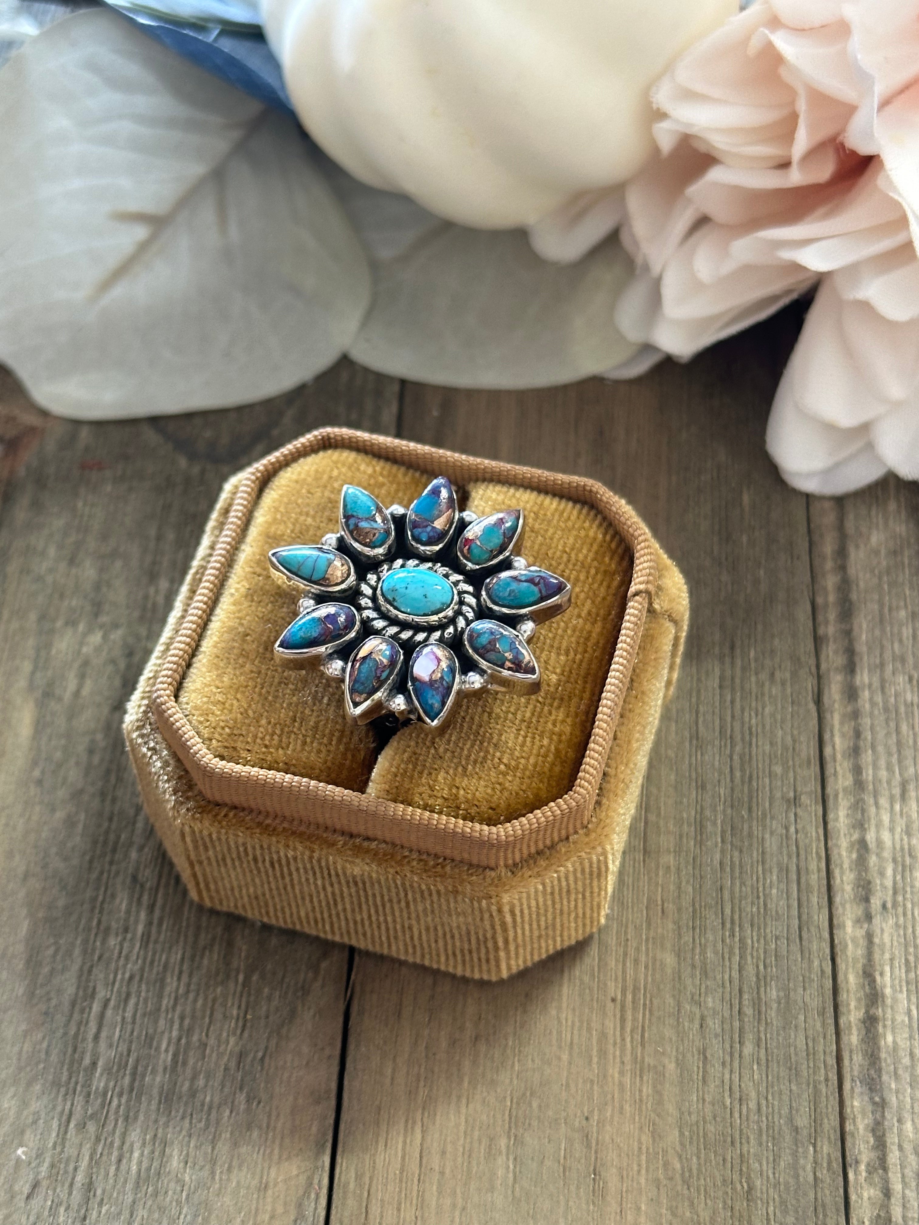 Southwest Handmade Mohave Turquoise & Sterling Silver Adjustable Cluster Ring