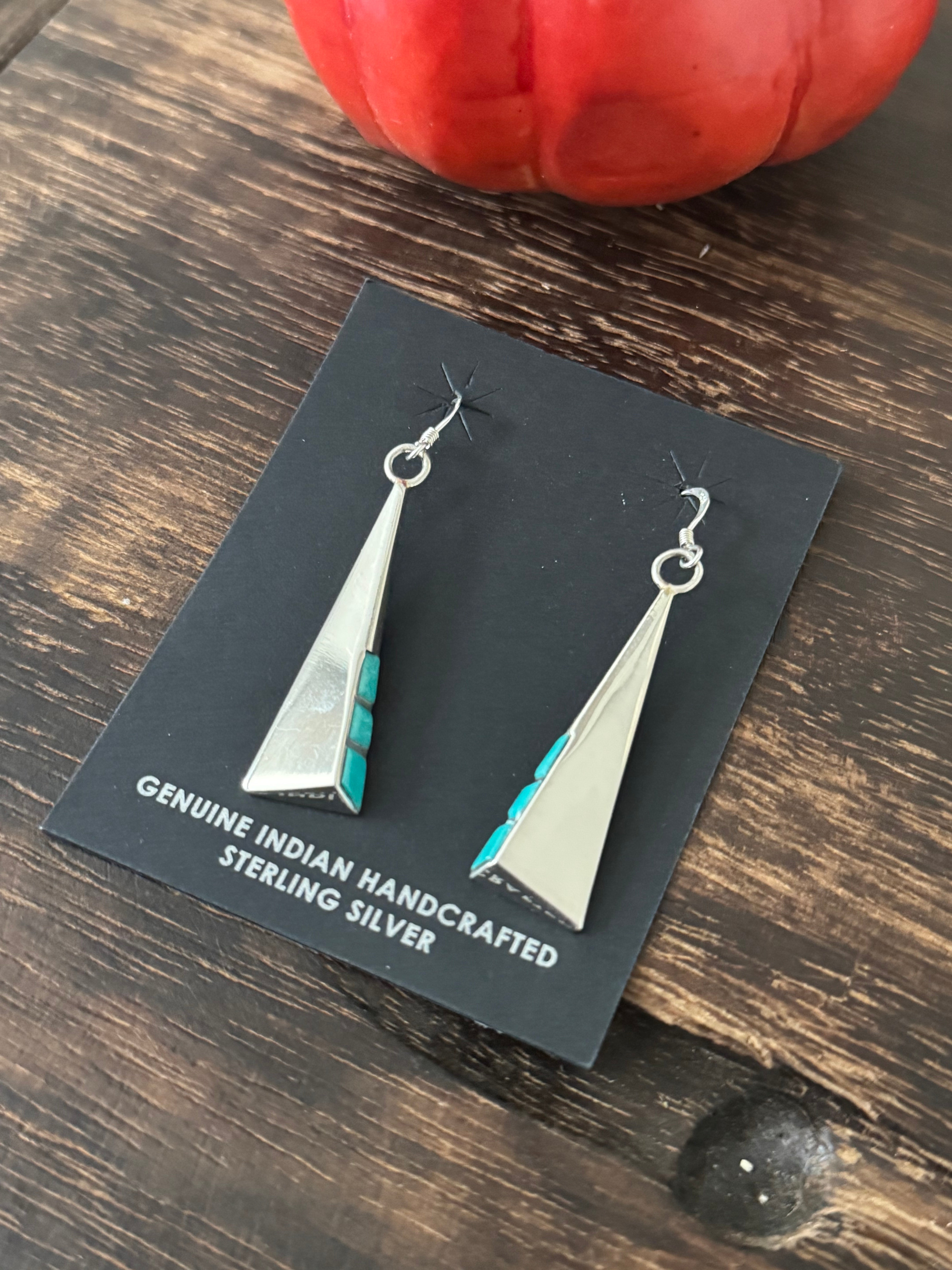 Navajo Made Kingman Turquoise & Sterling Silver Inlay Dangle Earrings