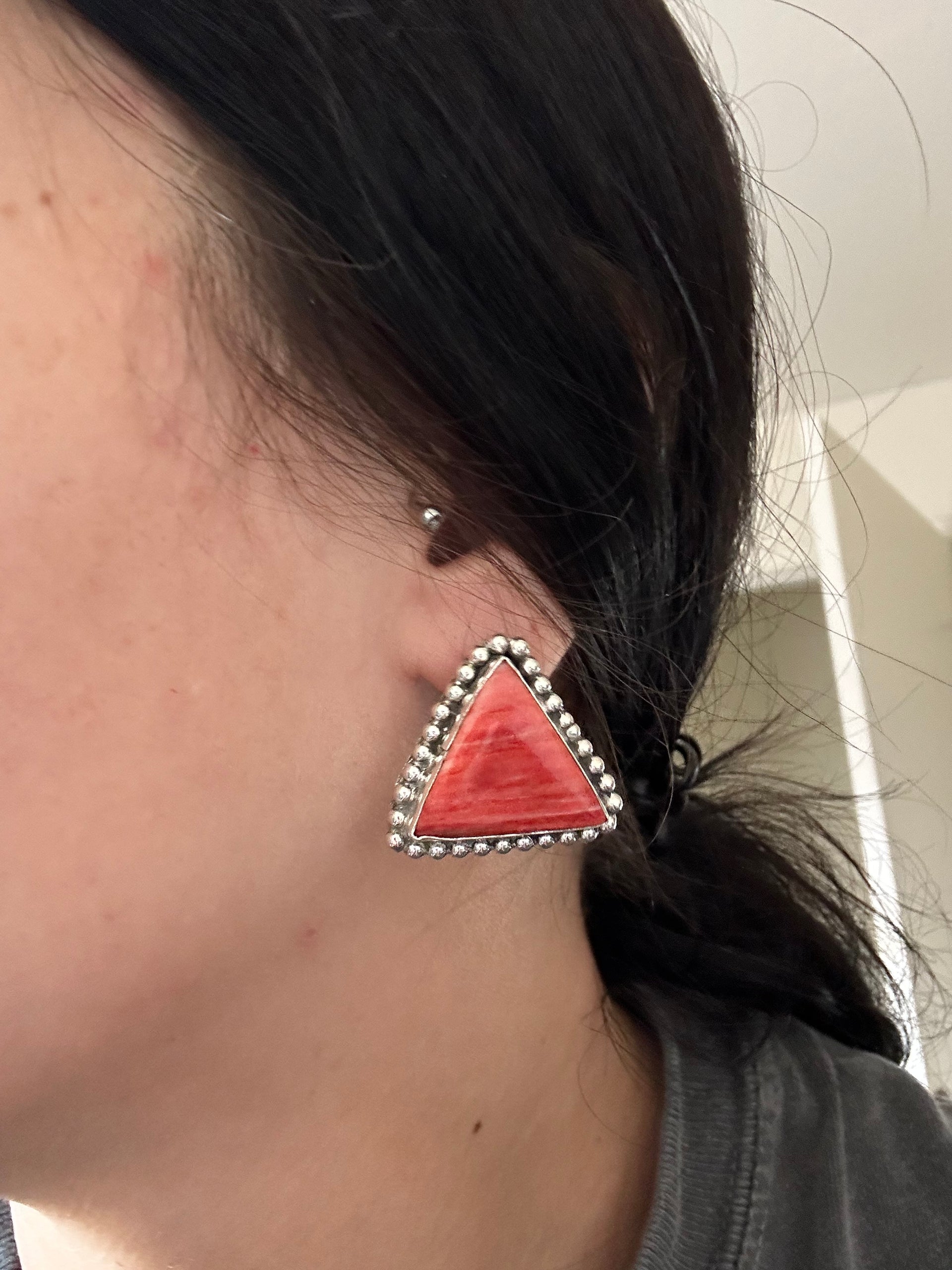 Navajo Made Red Spiny Oyster & Sterling Silver Post Earrings