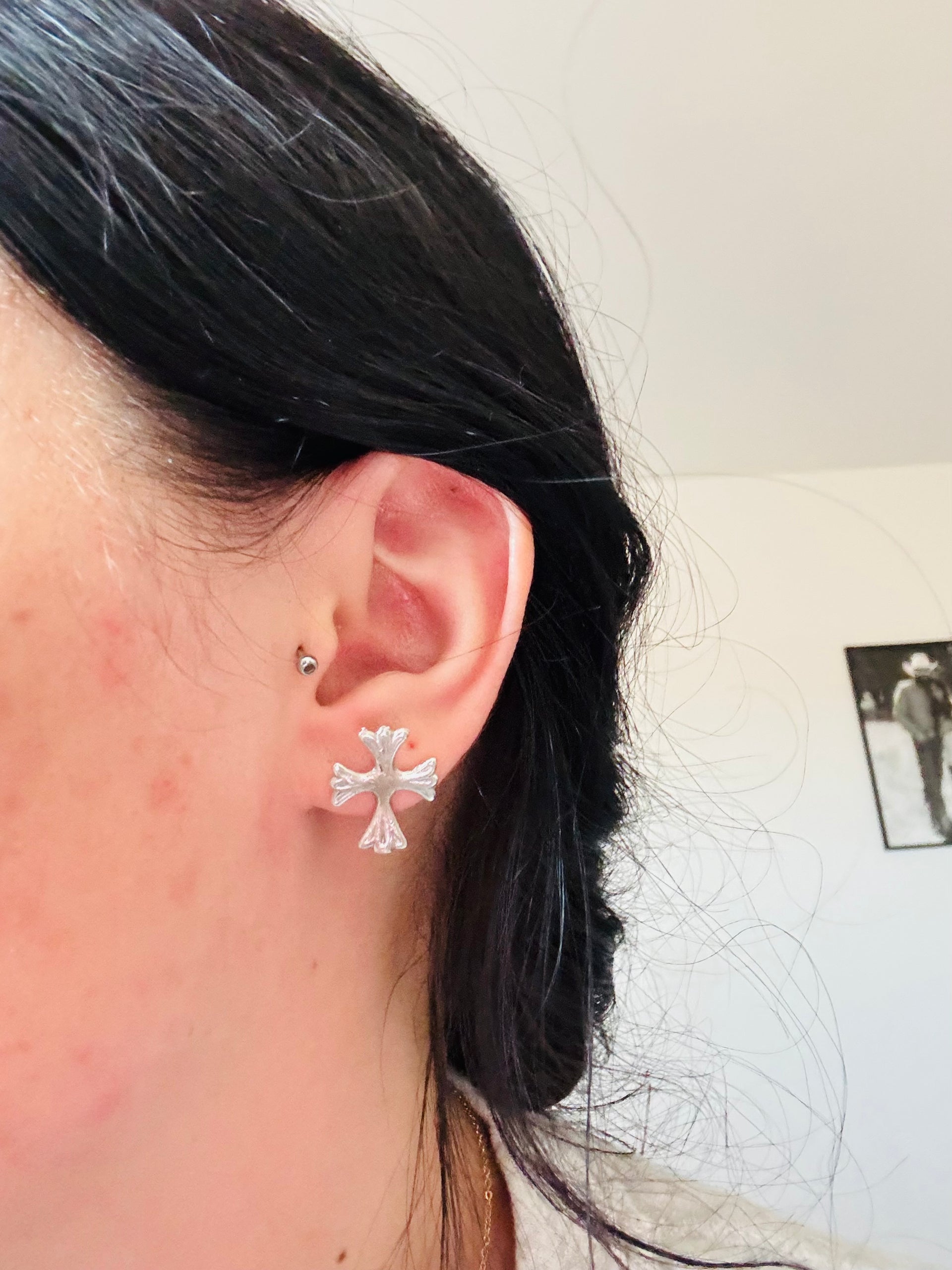 Navajo Made Sterling Silver Post Cross Earrings