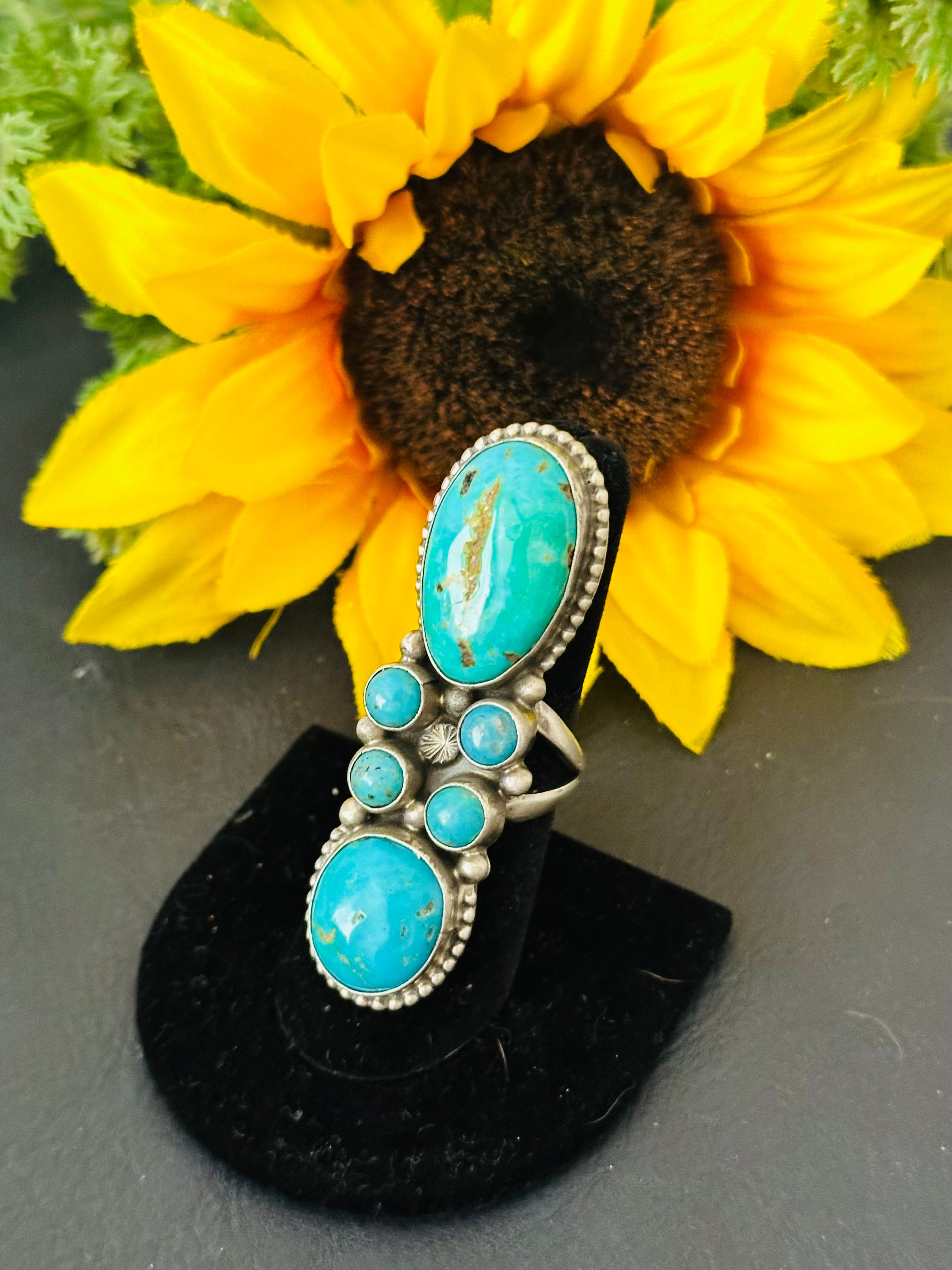 Sheila Becenti Kingan Turquoise Sterling Silver Cluster Ring Size 7.75