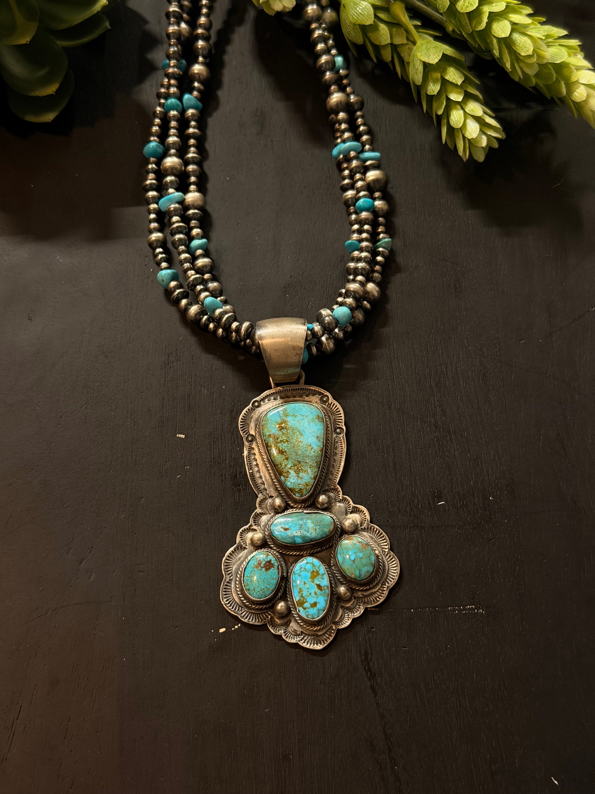 Bobby Johnson Kingman Turquoise & Sterling Silver Cluster Machine Made Pearl Necklace