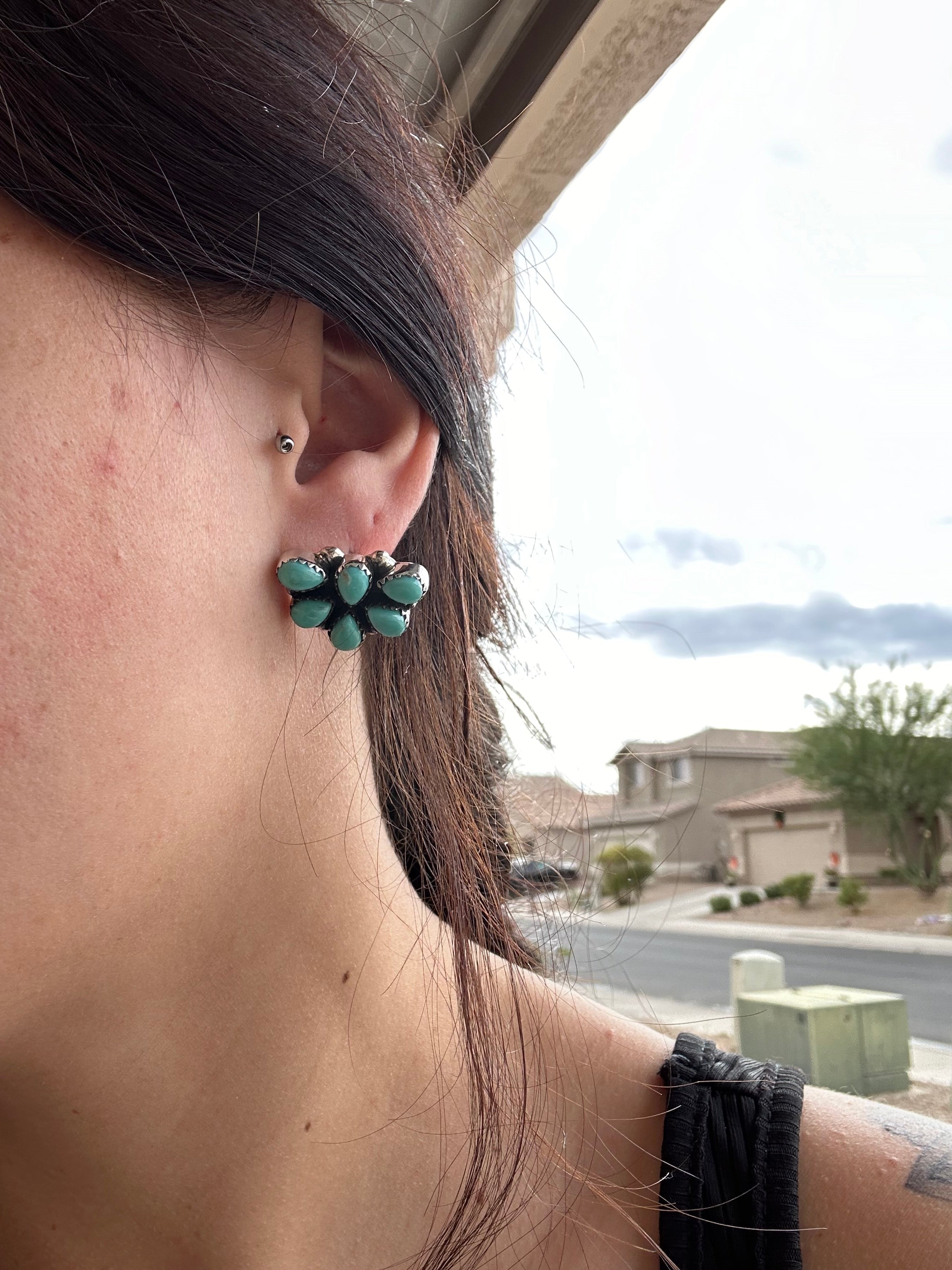 Southwest Made Turquoise and Sterling Silver Crescent Post Earrings
