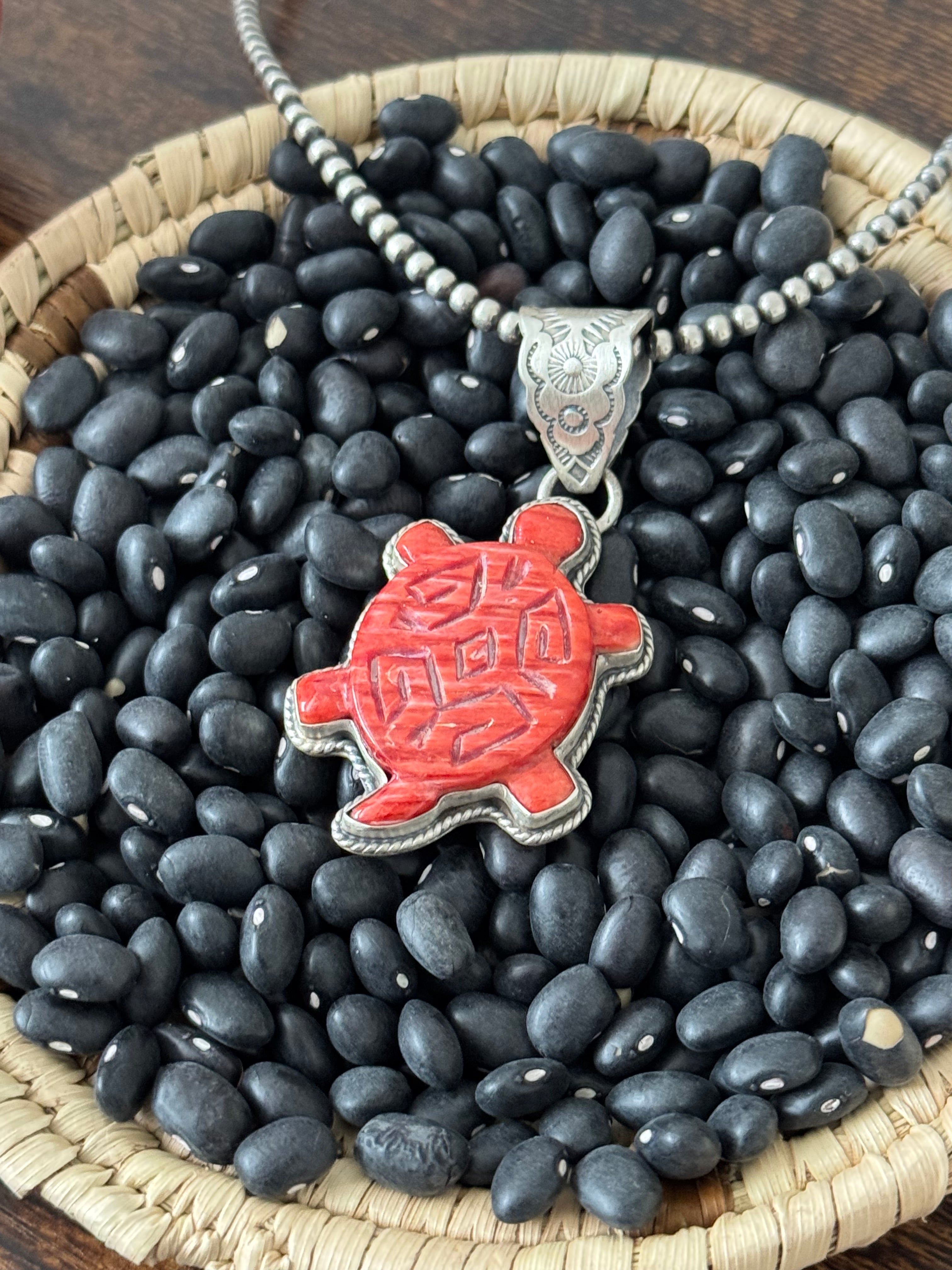 Navajo Made Red Spiny Oyster & Sterling Silver Turtle Pendant