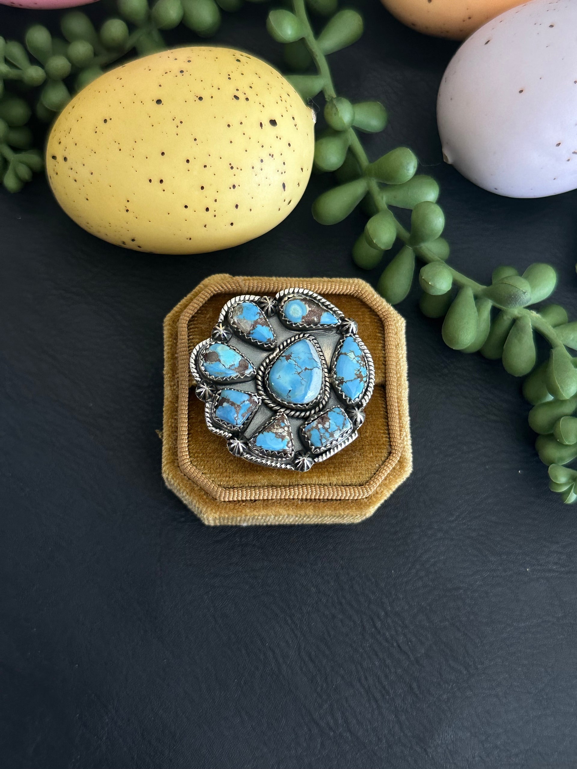 Southwest Handmade Golden Hills Turquoise & Sterling Silver Adjustable Cluster Ring