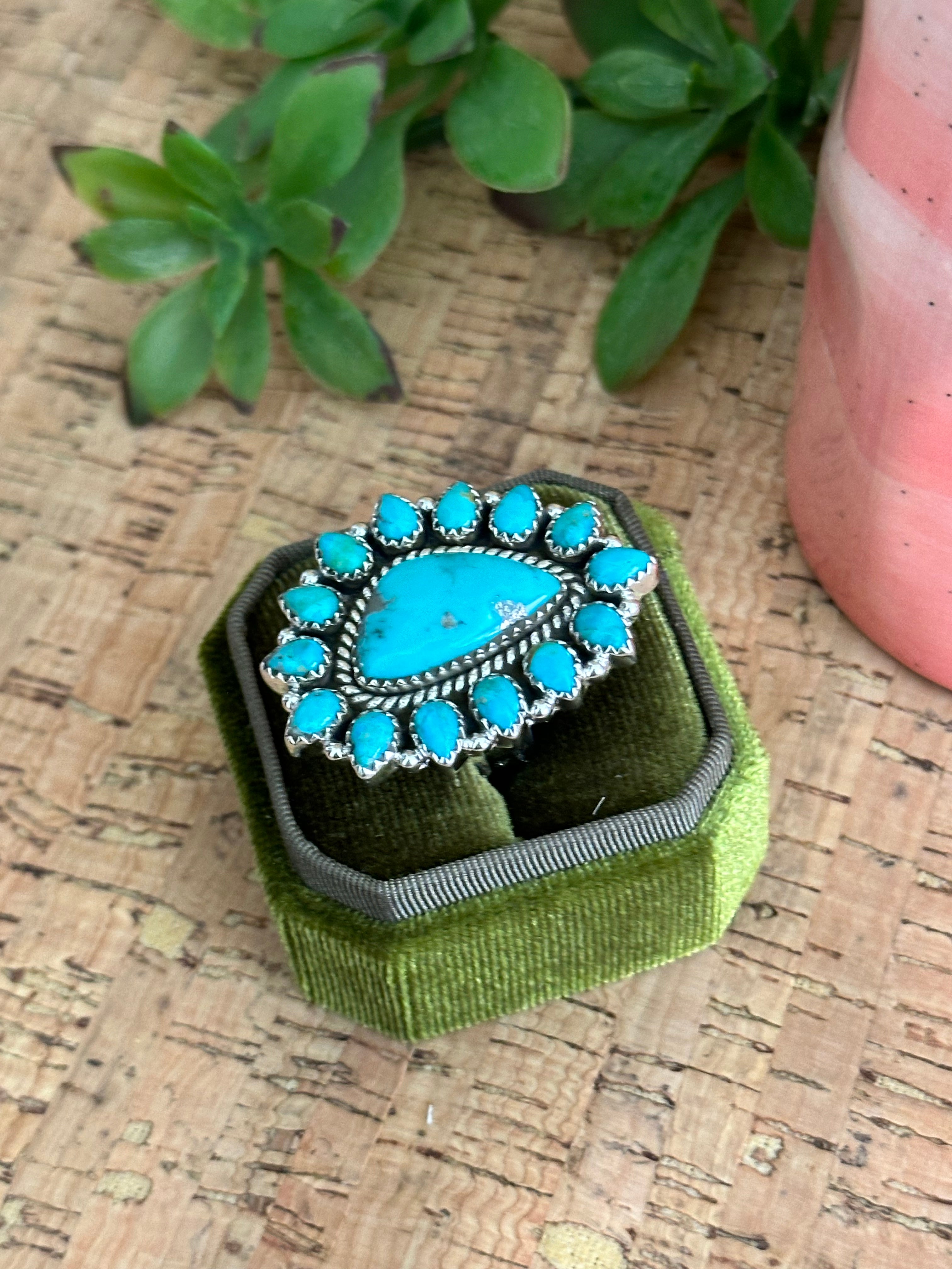 Southwest Handmade Kingman Turquoise & Sterling Silver Adjustable Cluster Ring