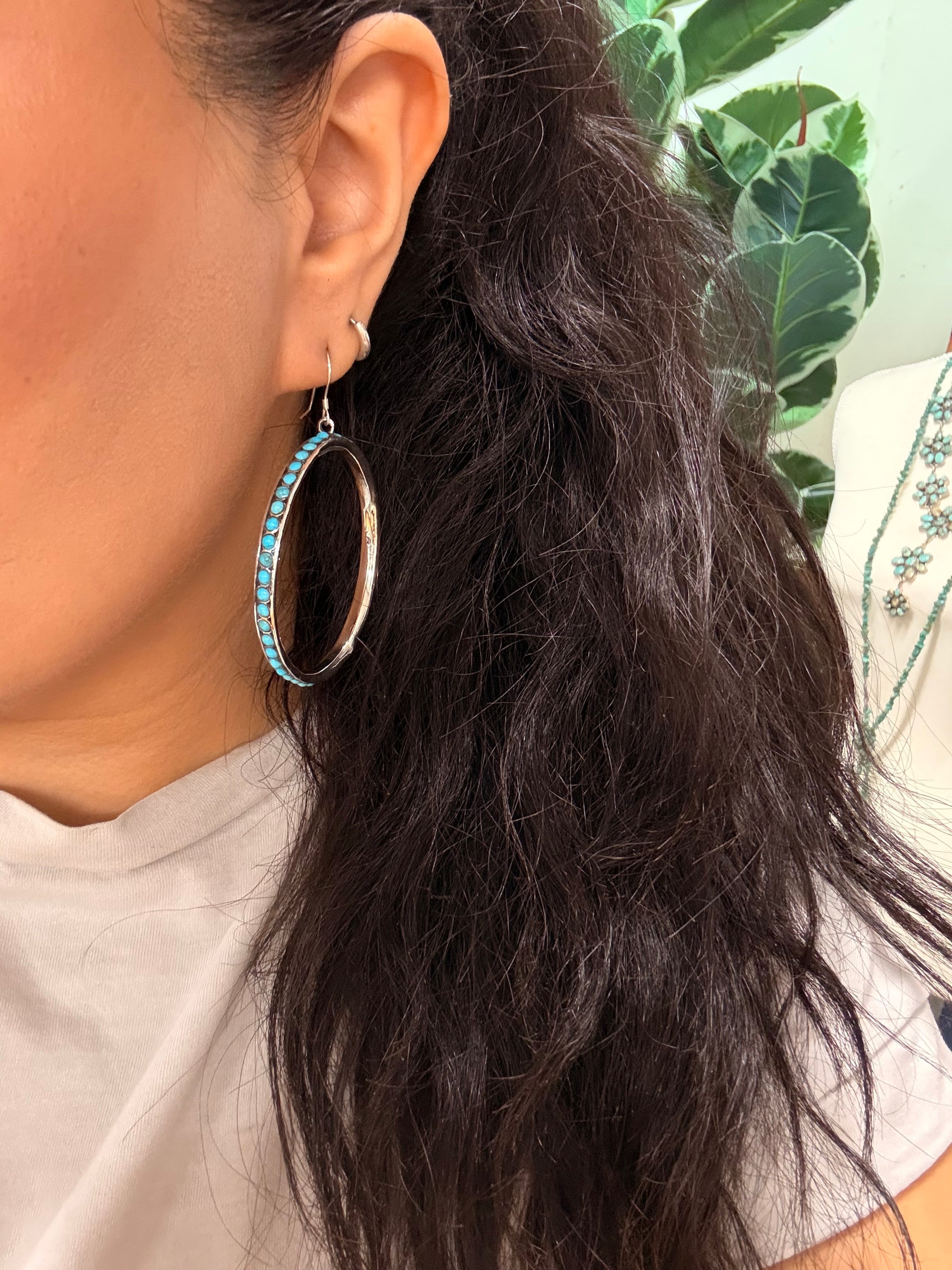 Southwest Handmade Kingman Turquoise & Sterling Silver Dangle Hoop Earrings