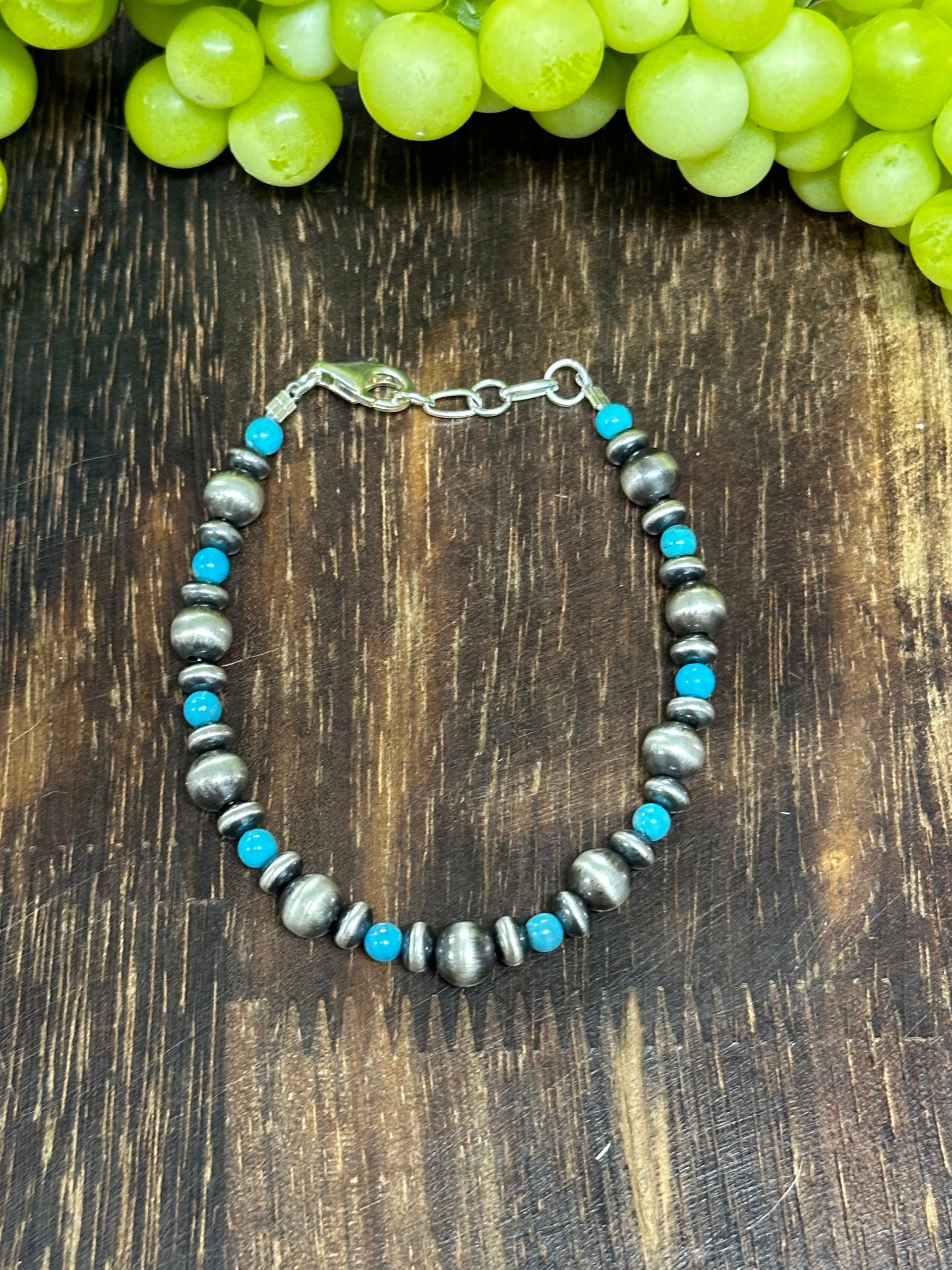 Navajo Strung Kingman Turquoise & Sterling Silver Pearl Beaded Bracelet