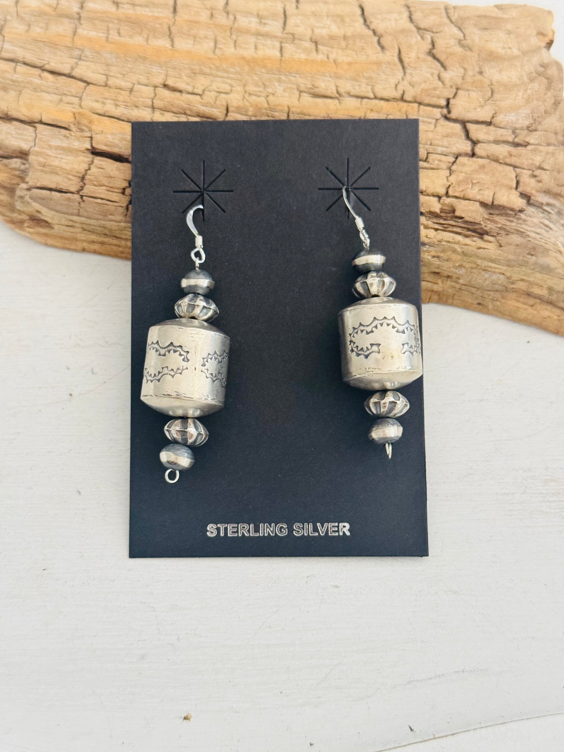 Navajo Strung Sterling Silver Barrel Pearls Dangle Earrings