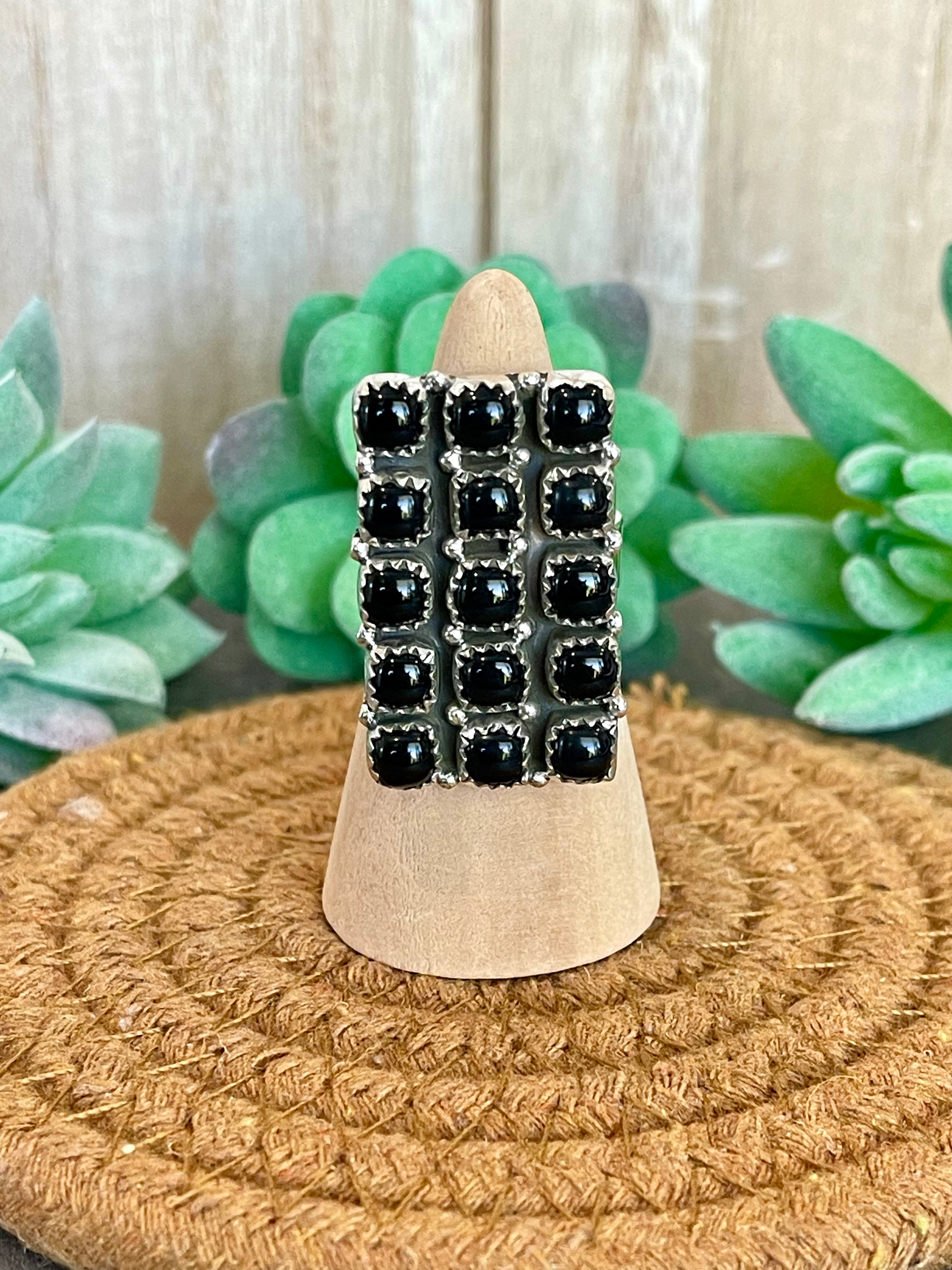 Southwest Handmade Black Onyx & Sterling Silver Adjustable Cluster Ring