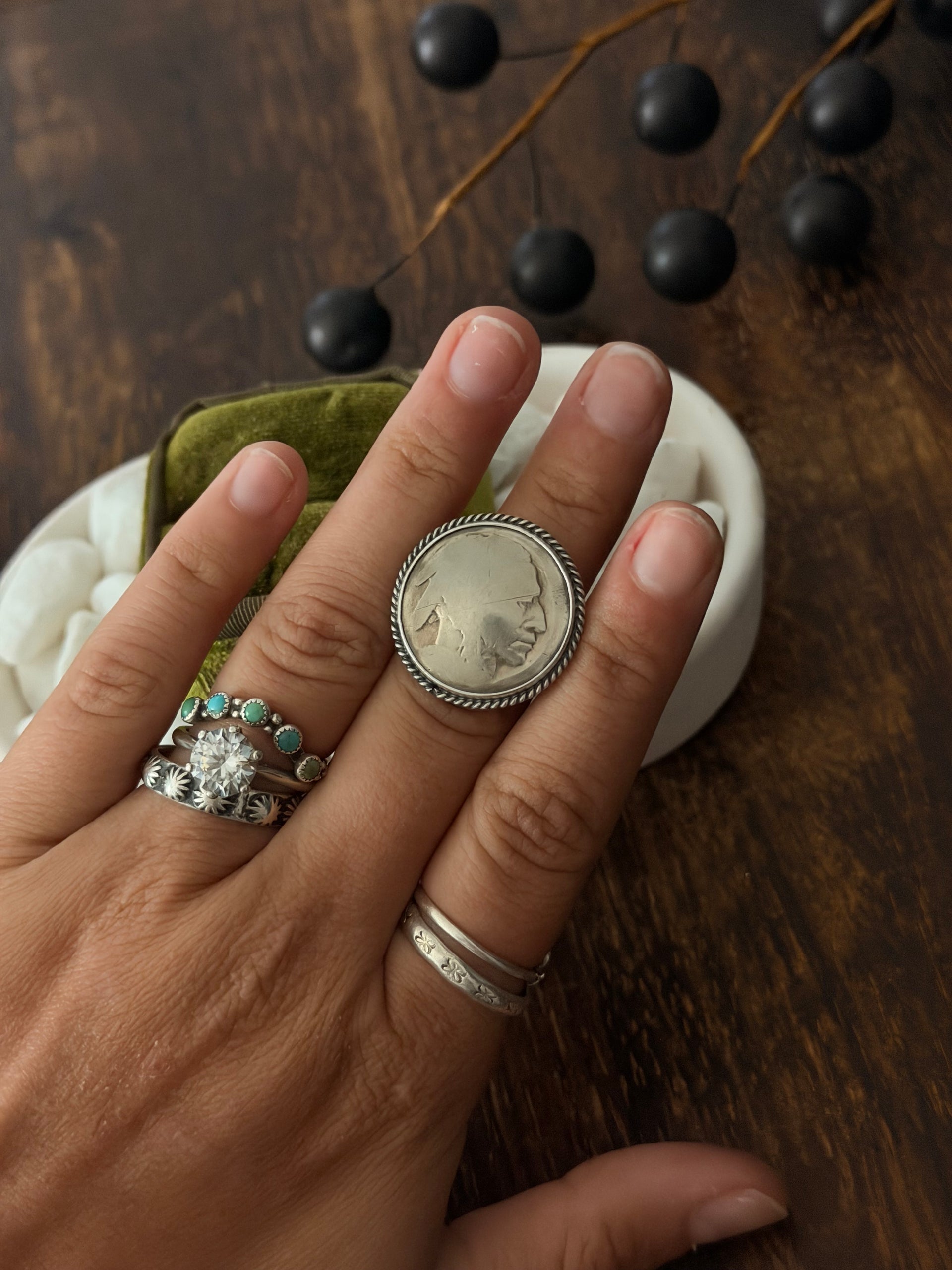 Navajo Made Buffalo Nickel & Sterling Silver Ring Size 5.75