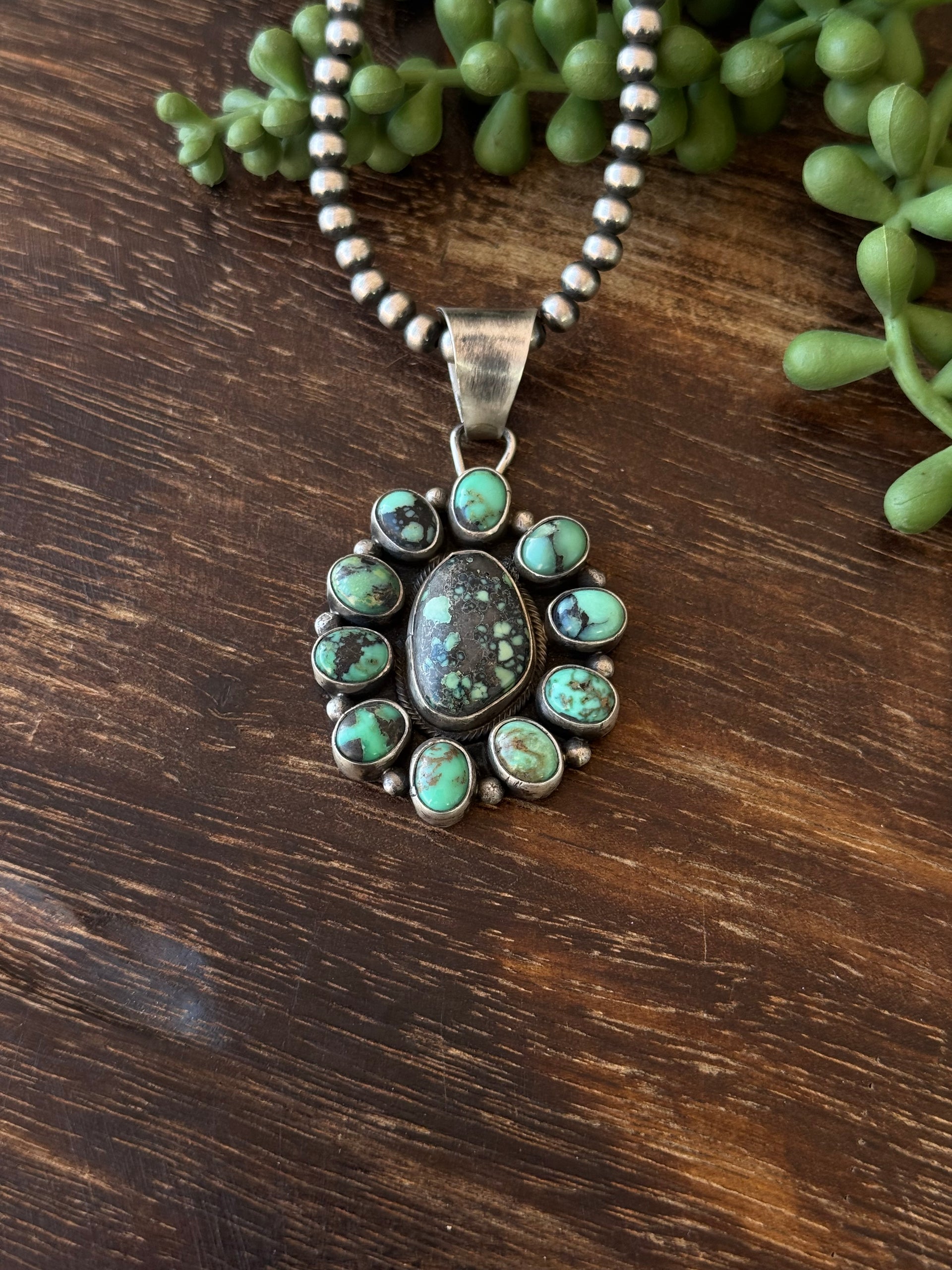 Travis Jim New Lander Variscite & Sterling Silver Cluster Pendant