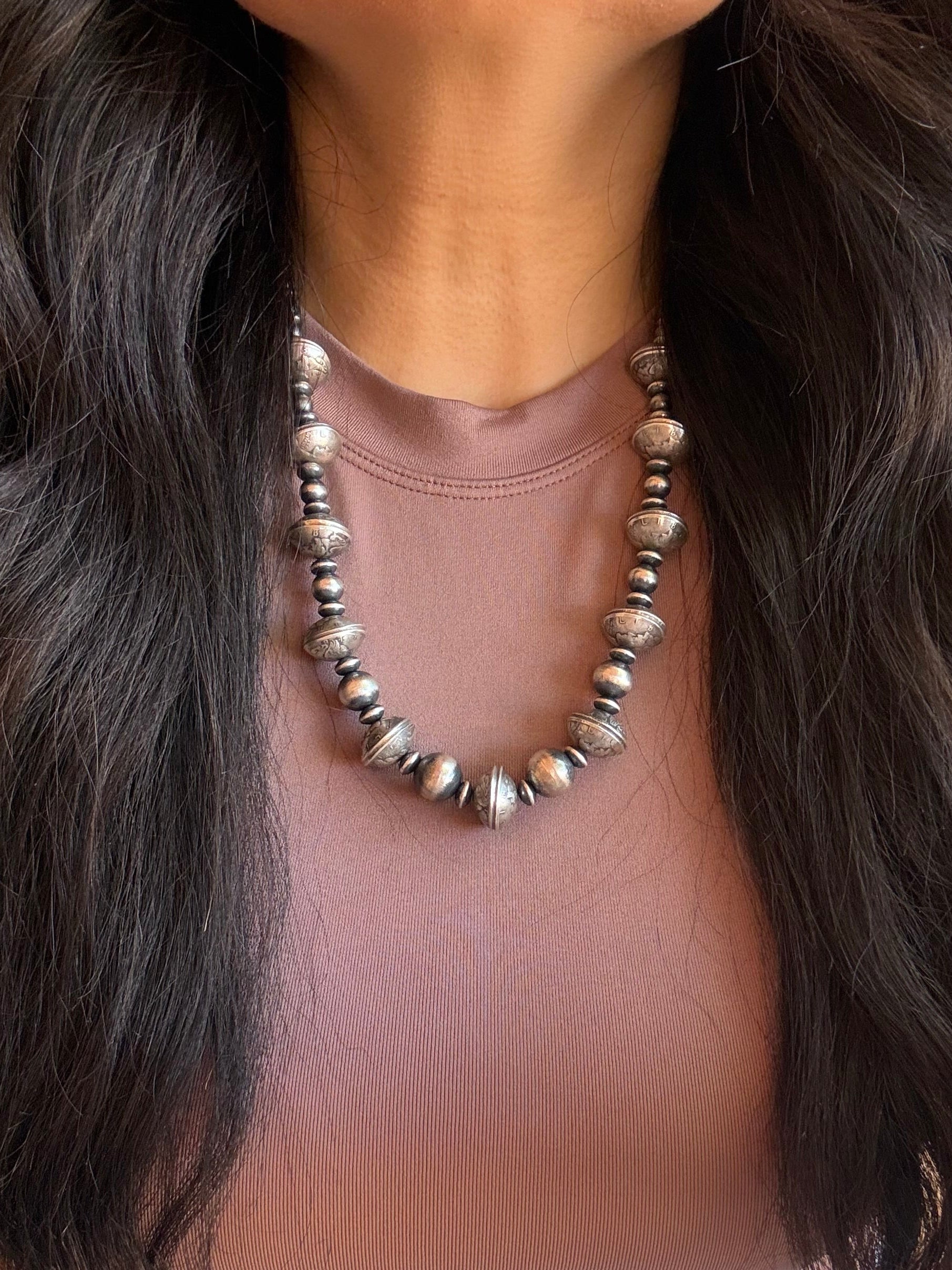 Navajo Handmade Graduated Sterling Silver Liberty Dime Pearl Necklace
