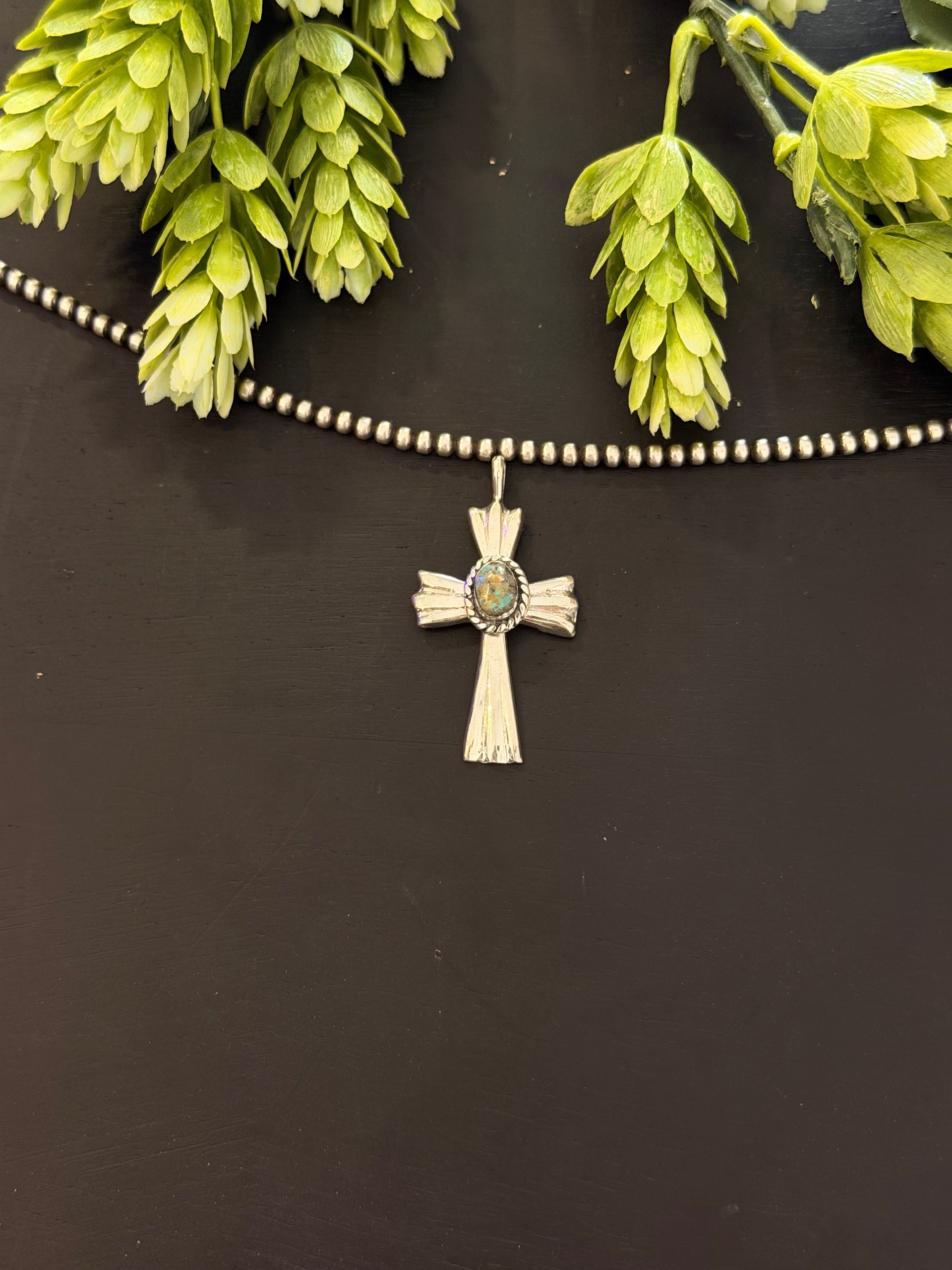 Navajo Made Turquoise & Sterling Silver Cross Pendant