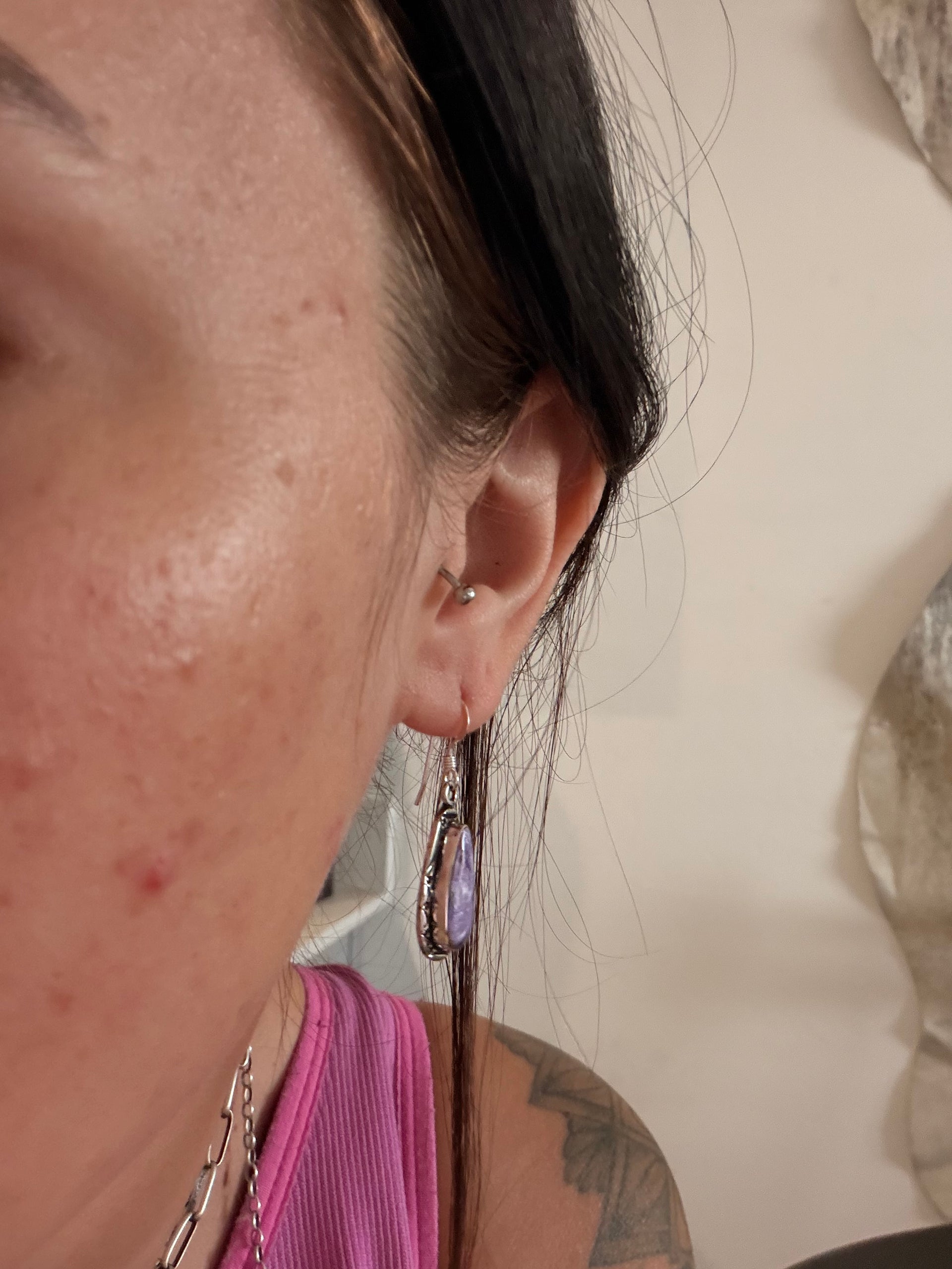 Navajo Made Charoite & Sterling Silver Dangle Earrings