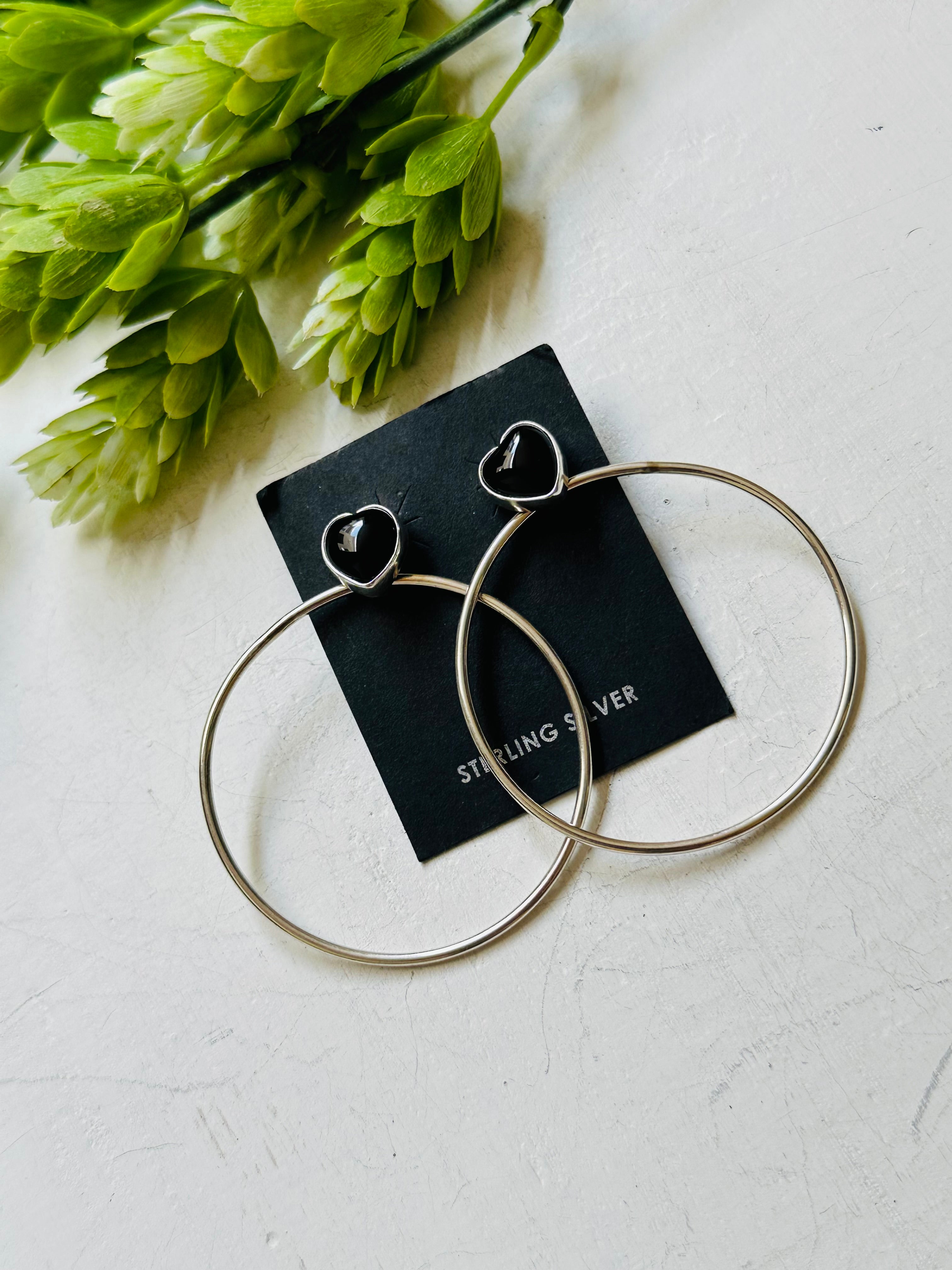 Navajo Made Onyx & Sterling Silver Post Dangle Earrings