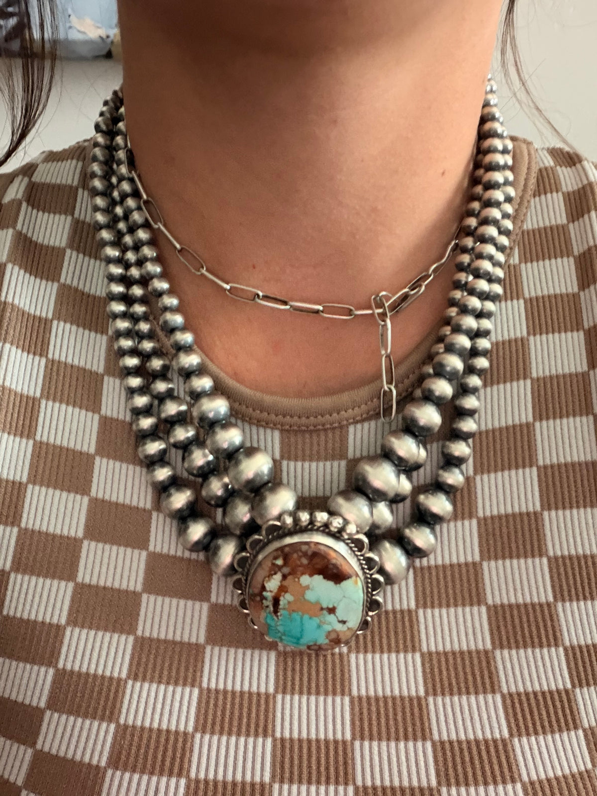 Navajo Made Royston Turquoise & Sterling Silver 3 Strand Beaded Necklace