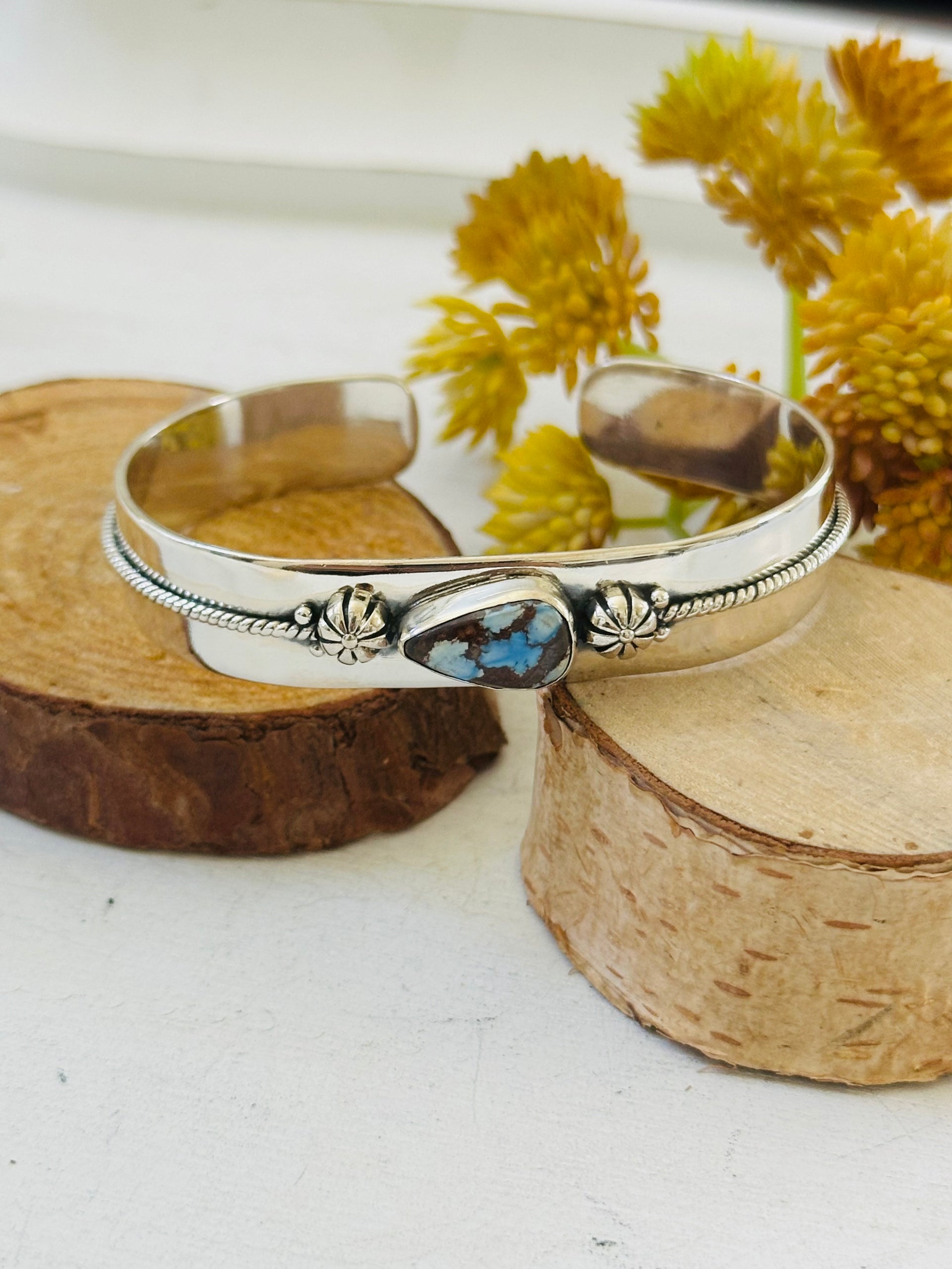Southwest Made Golden Hills Turquoise & Sterling Silver Cuff Bracelet