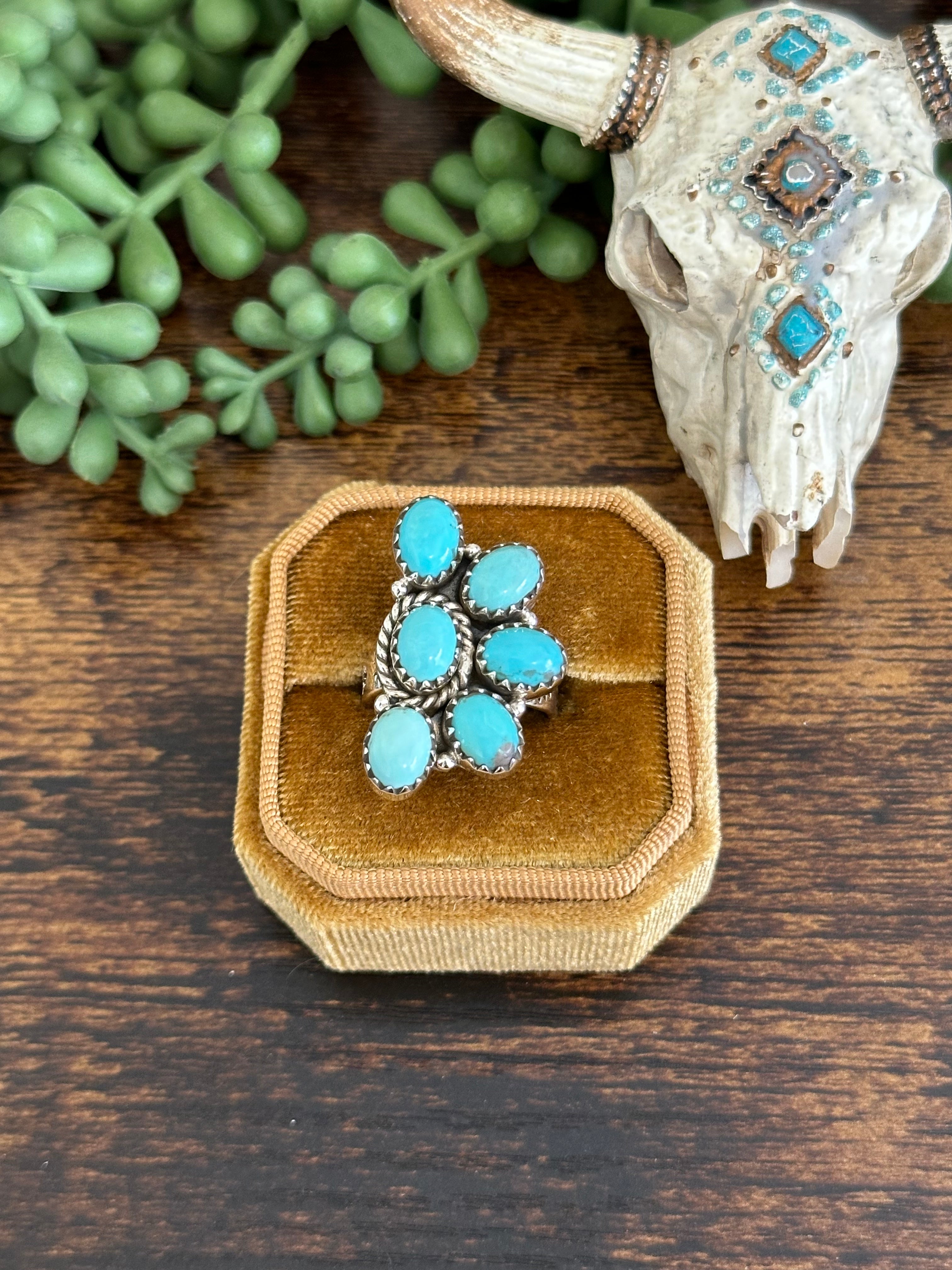 Southwest Handmade Kingman Turquoise & Sterling Silver Adjustable Cluster Ring