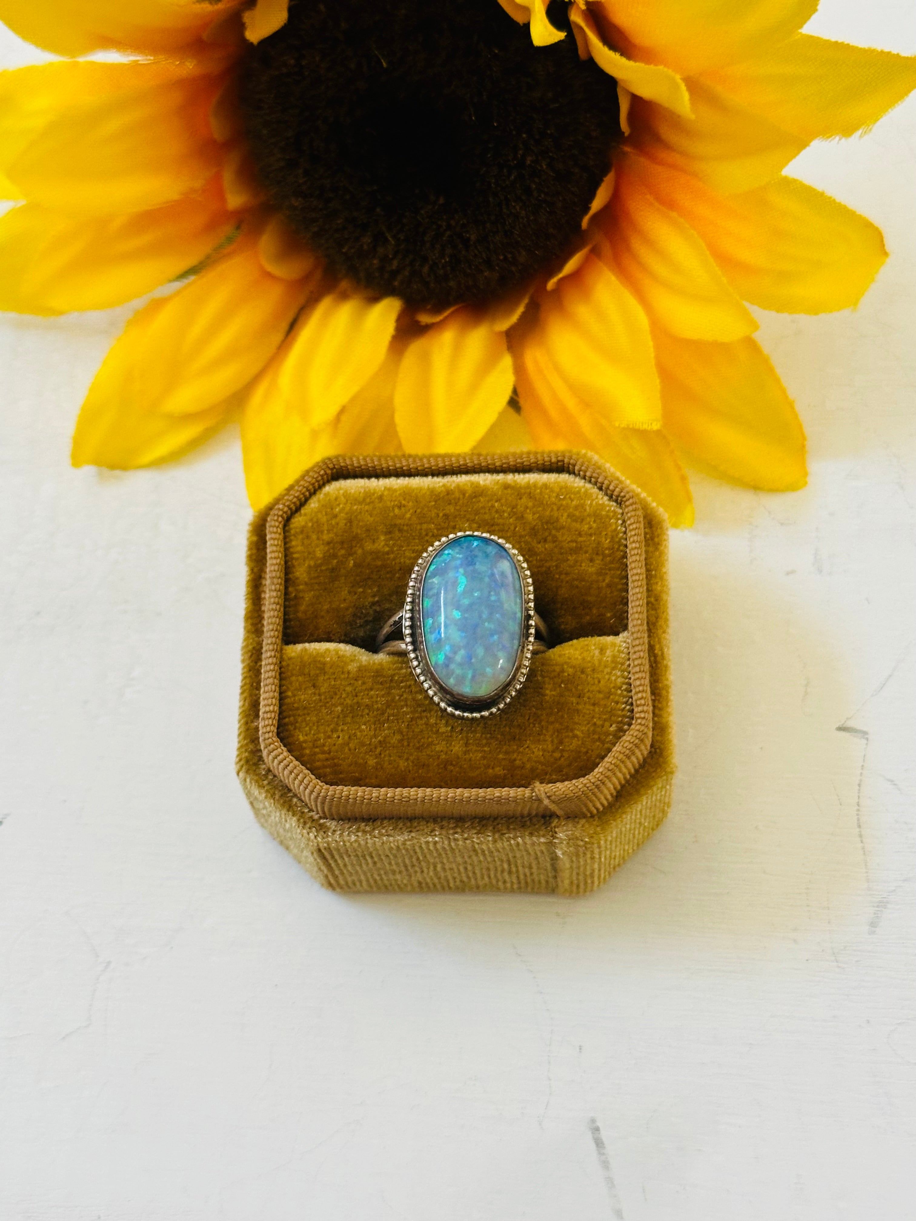 Navajo Made Blue Opal & Sterling Silver Ring Size 8.75