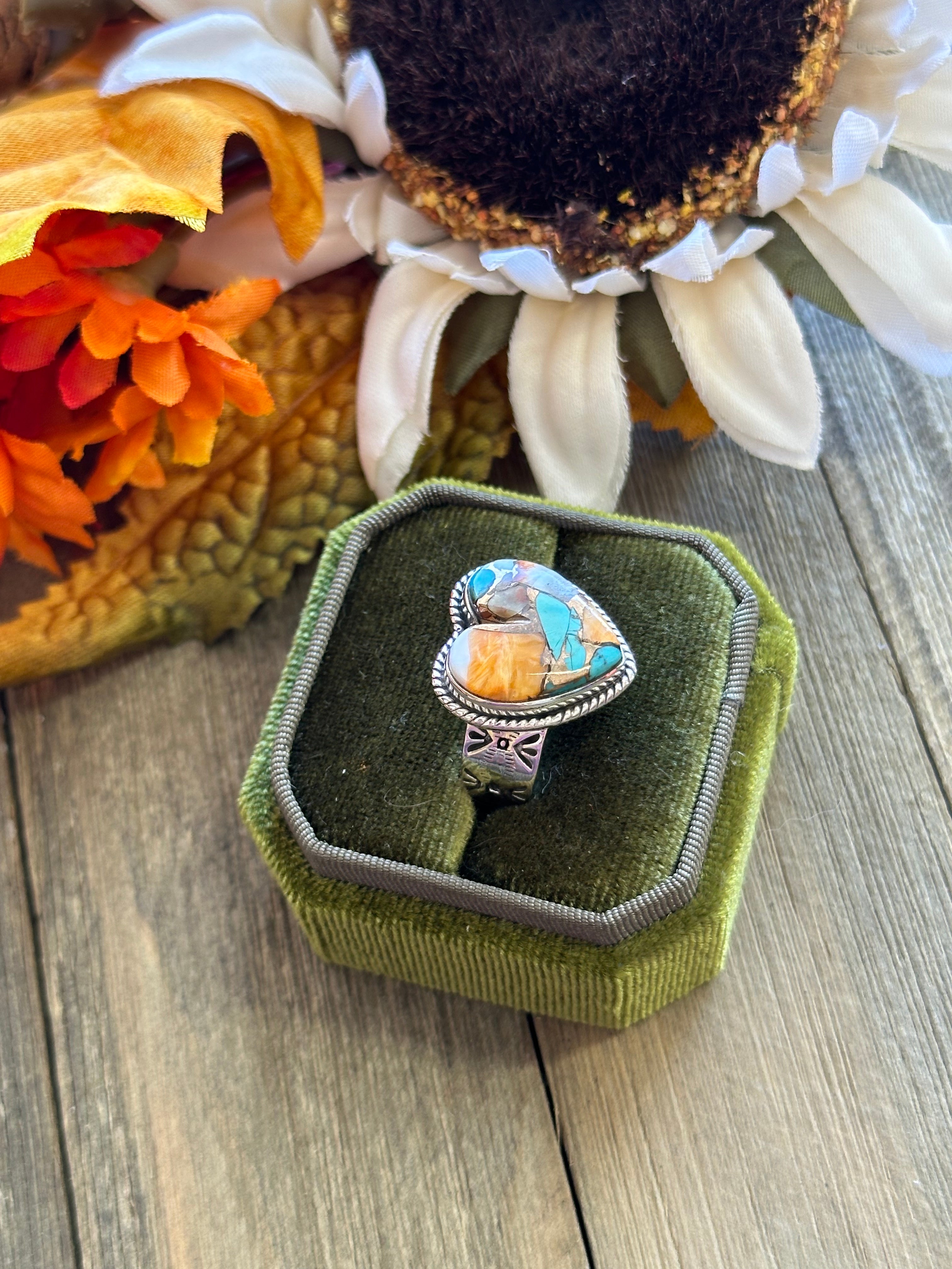 Southwest Handmade Mohave Turquoise & Sterling Silver Adjustable Heart Ring