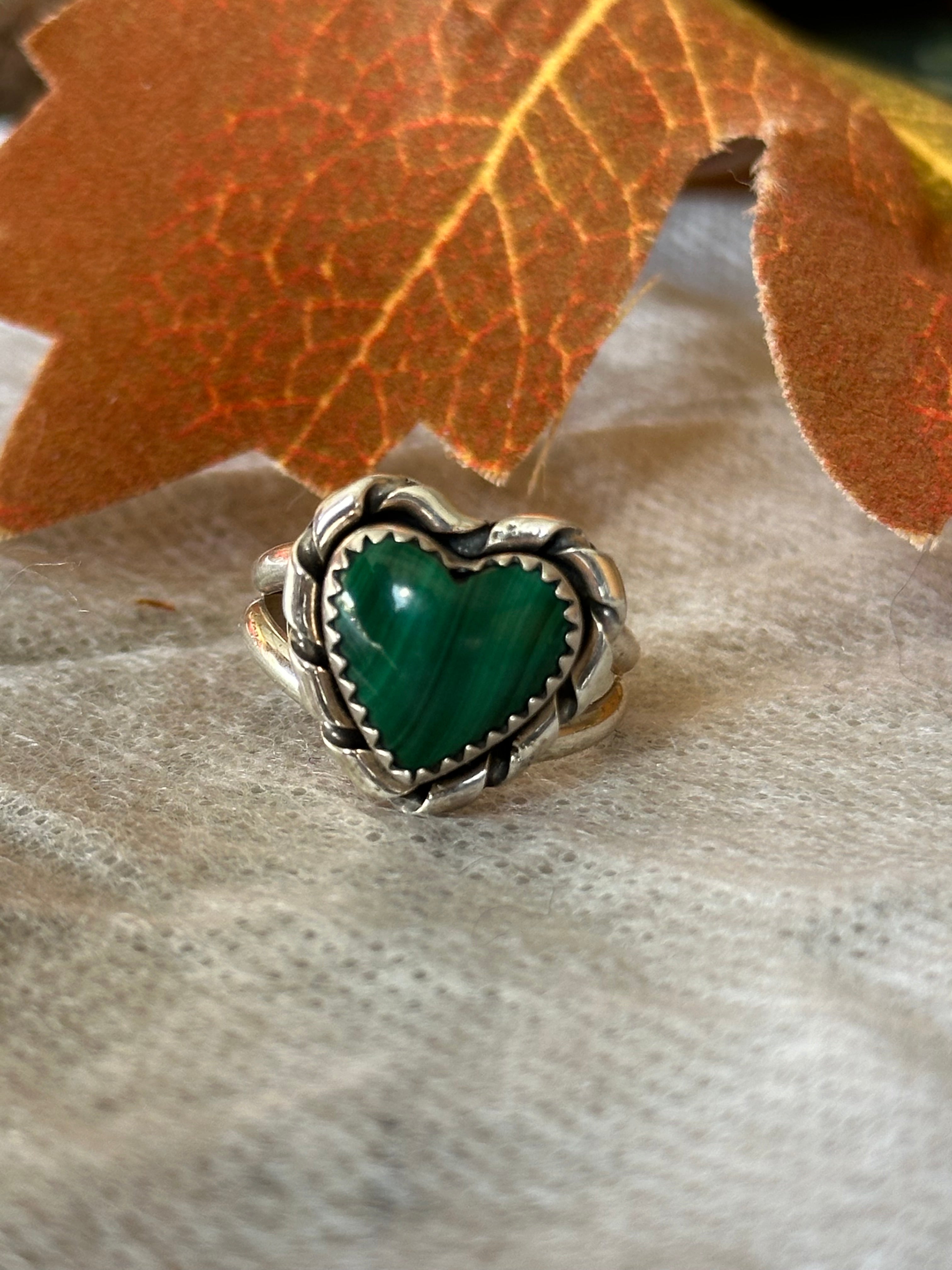 Navajo Made Malachite & Sterling Silver Heart Ring