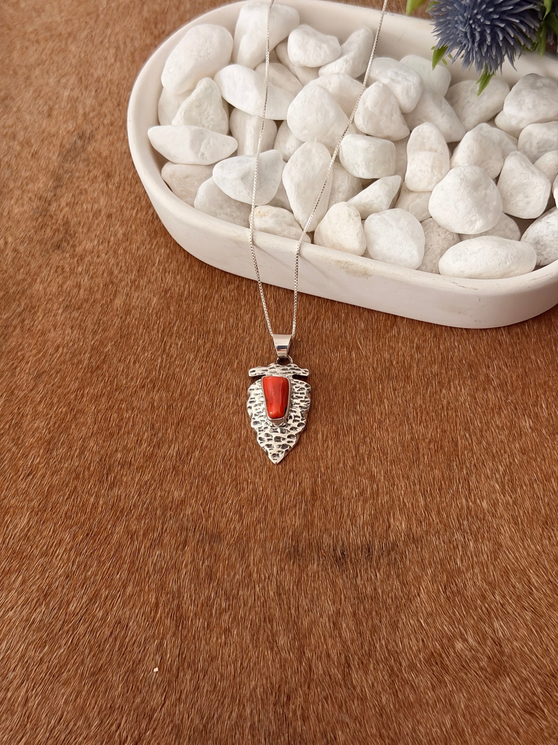 Navajo Made Mediterranean Coral & Sterling Silver Arrow Necklace