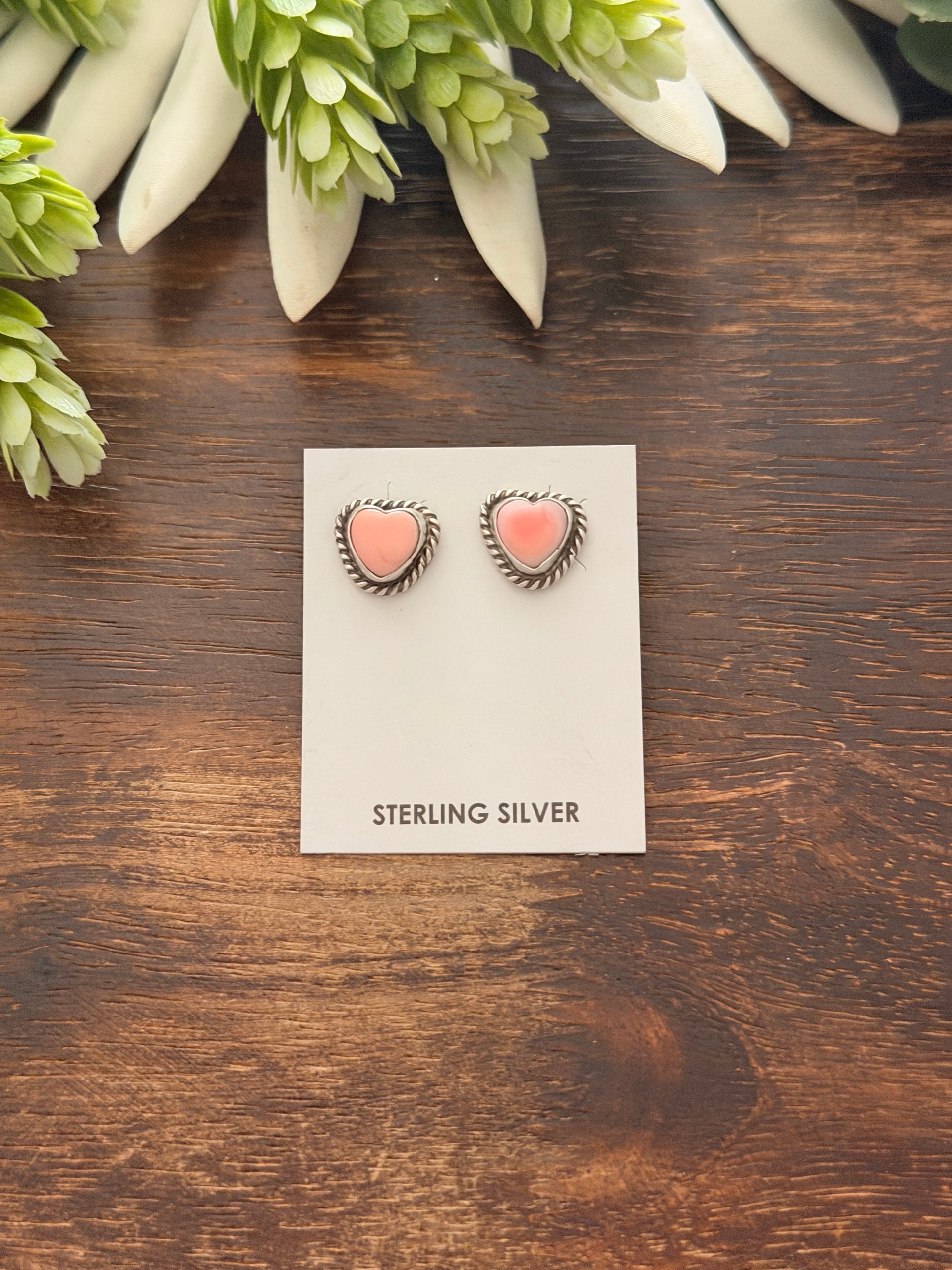 Larson Chee Pink Conch & Sterling Silver Post Heart Earrings