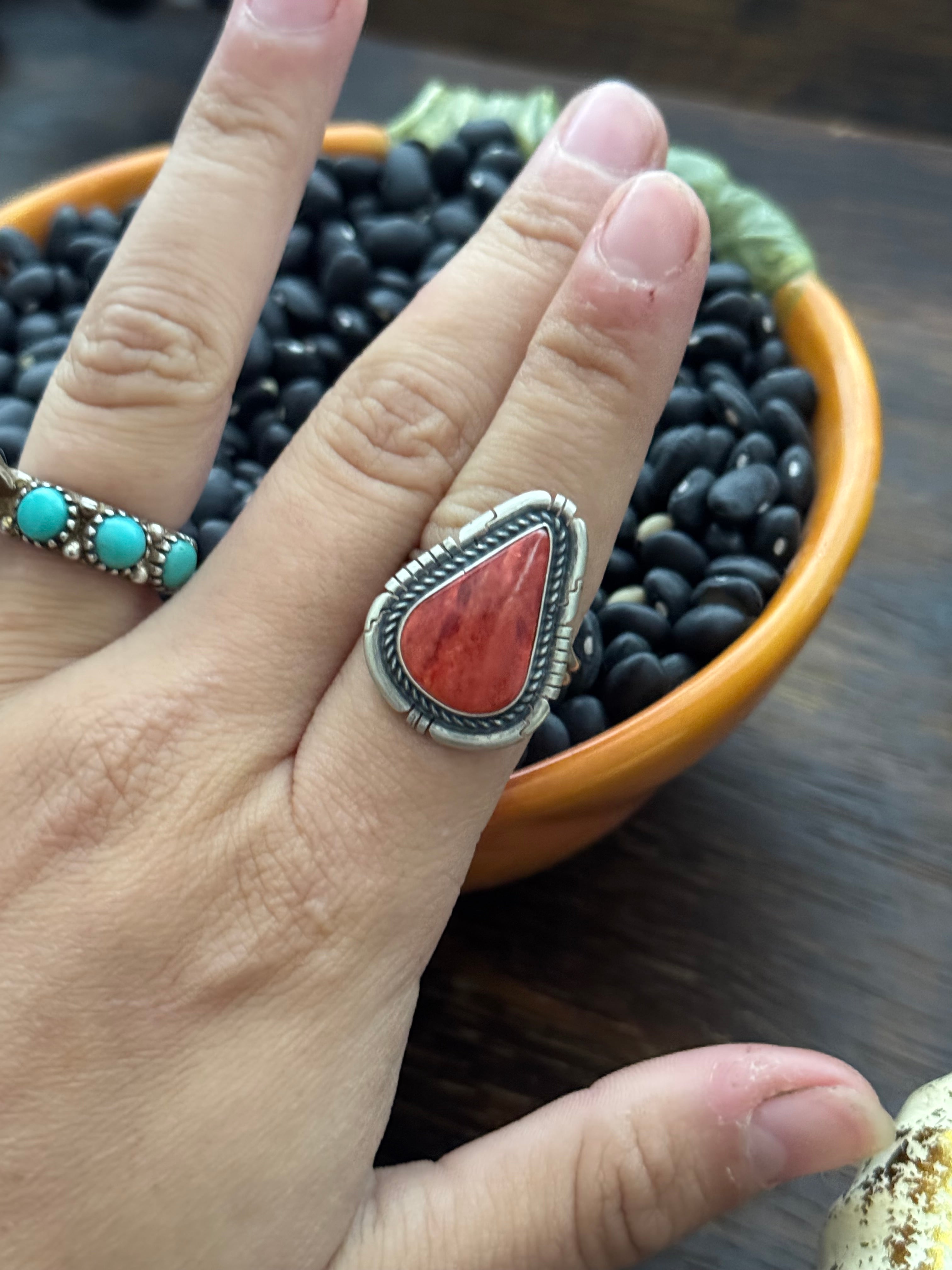 Dave Skeets Red Spiny Oyster & Sterling Silver Ring Size 8.75