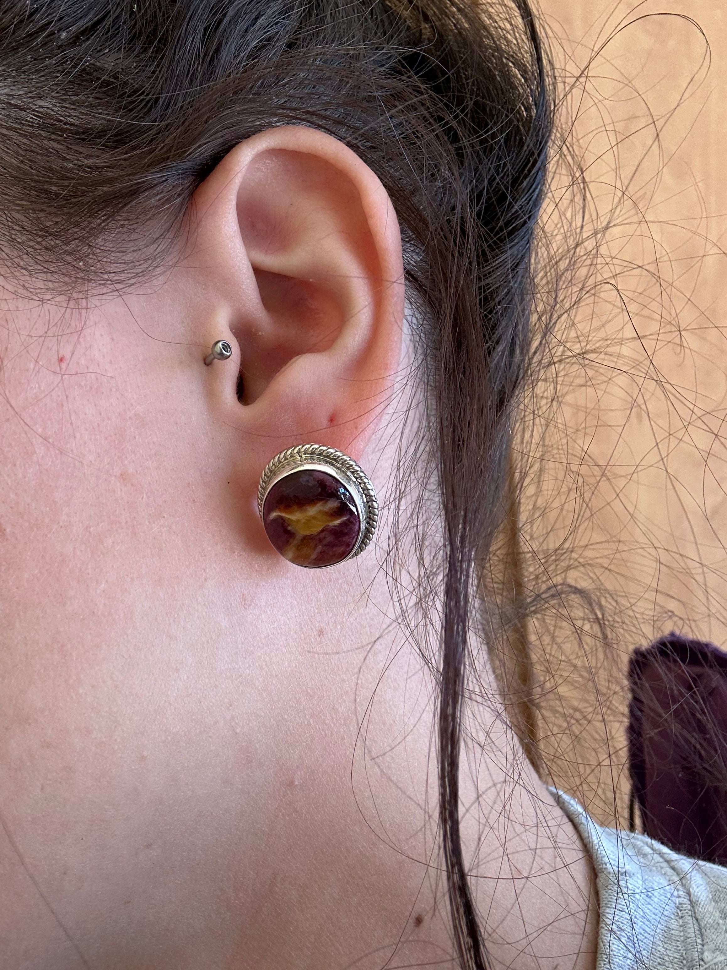 Navajo Made Purple Spiny Oyster & Sterling Silver Post Earrings