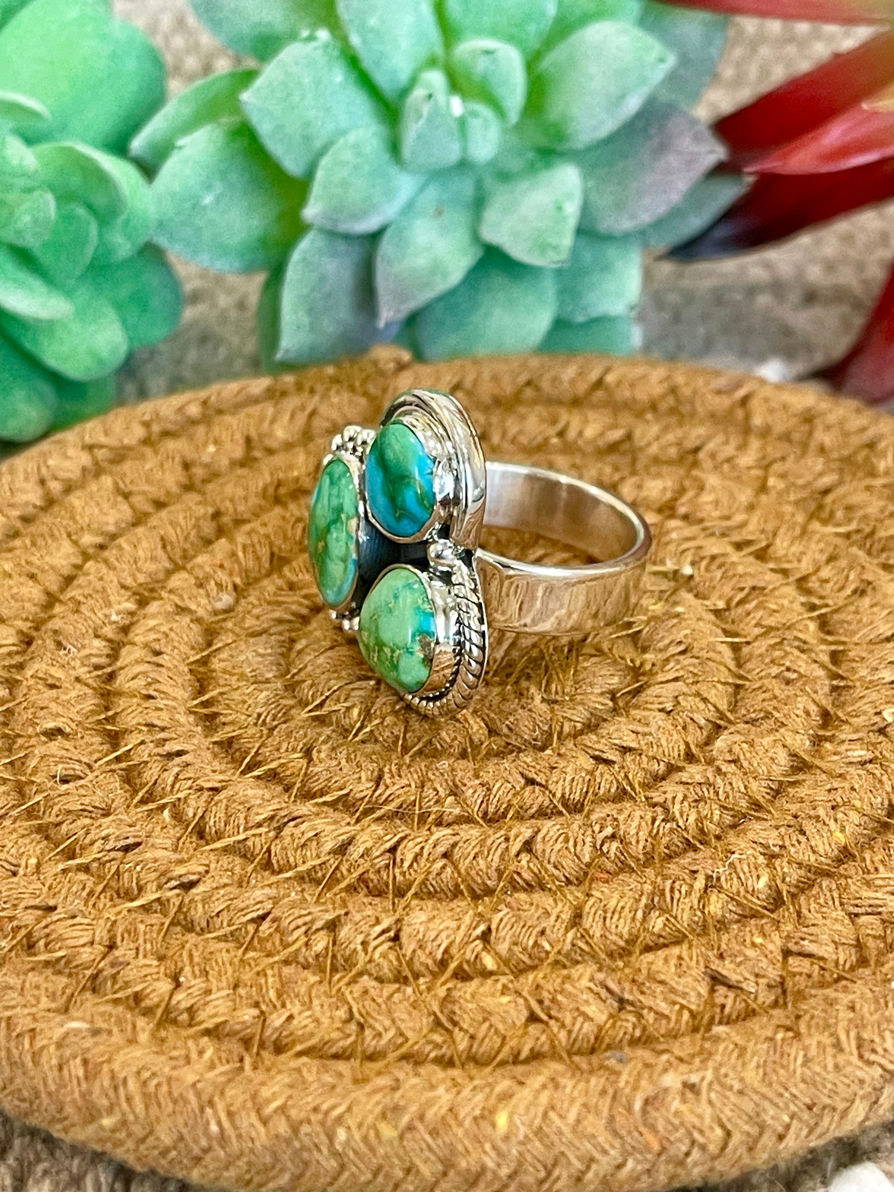 Southwest Handmade Sonoran Mountain Turquoise & Sterling Silver Adjustable 3 Stone Ring