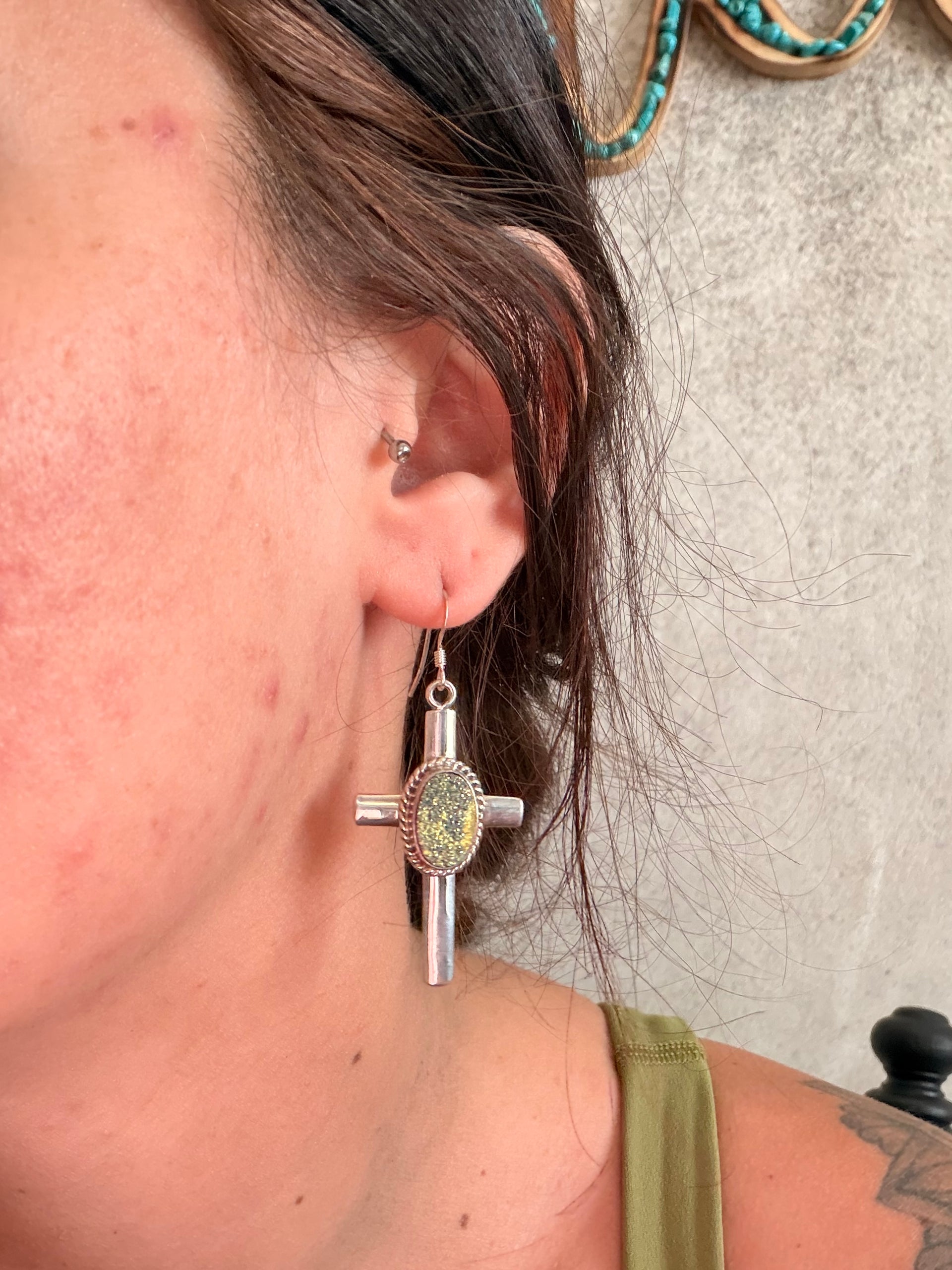 Carson Blackgoat Druzy Stone & Sterling Silver Dangle Cross Earrings