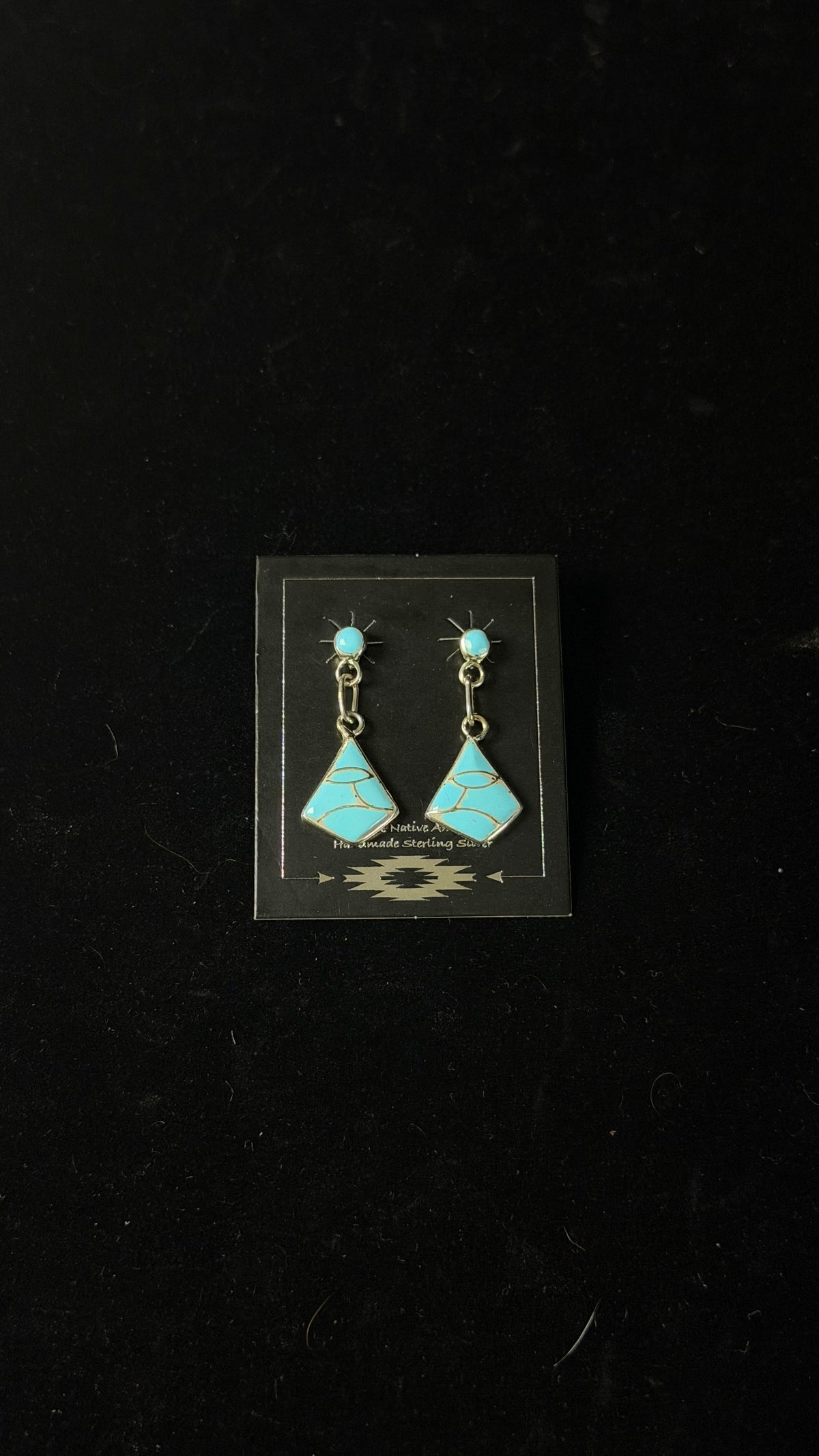 Zuni Made Turquoise & Sterling Silver Post Dangle Inlay Earrings